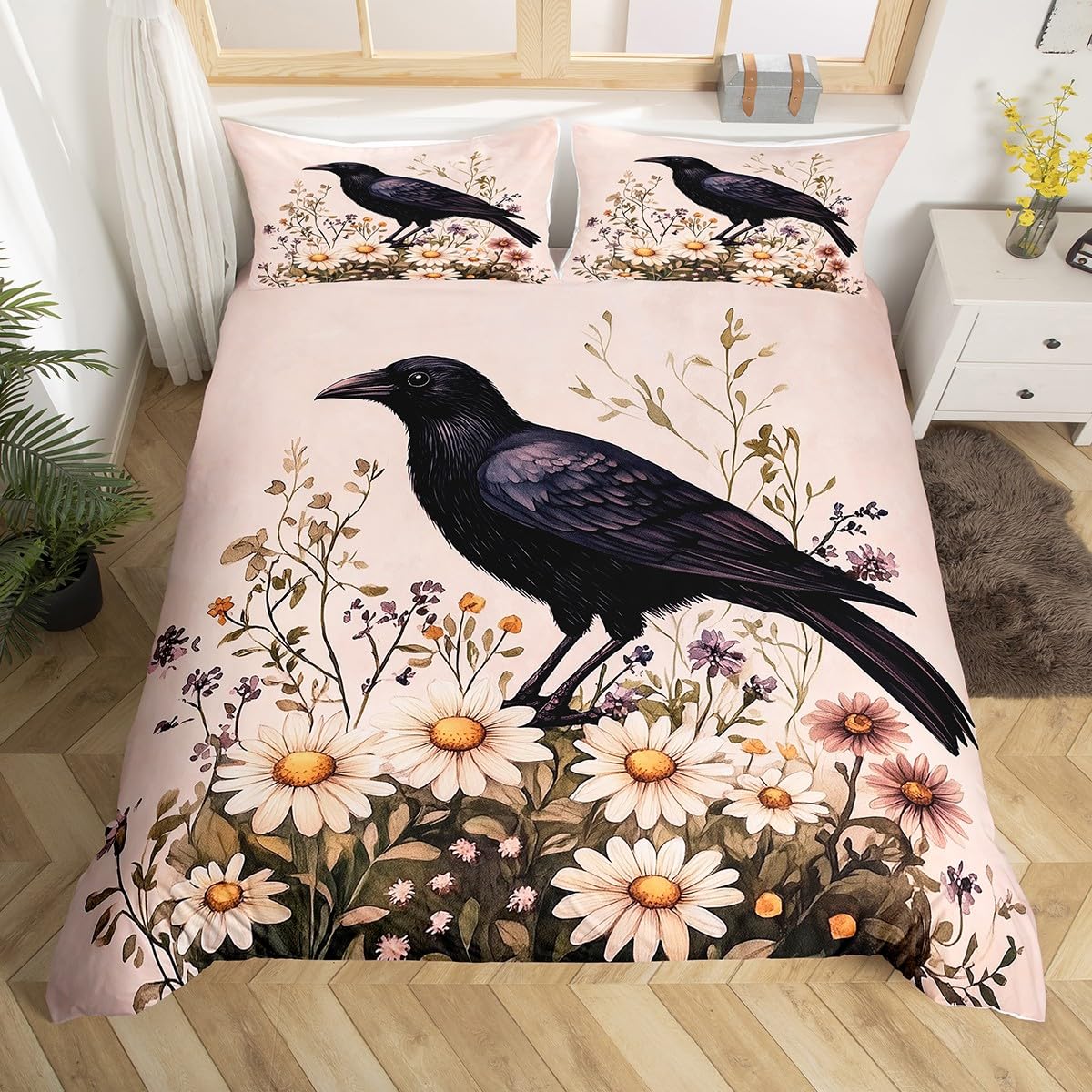 Homewish Black Crow Duvet Cover Super King Bohemia Decor Flowers Comforter Cover,Botanical Bedding Set for Kids Boys Girls Teens Birds Animlas Quilt Cover