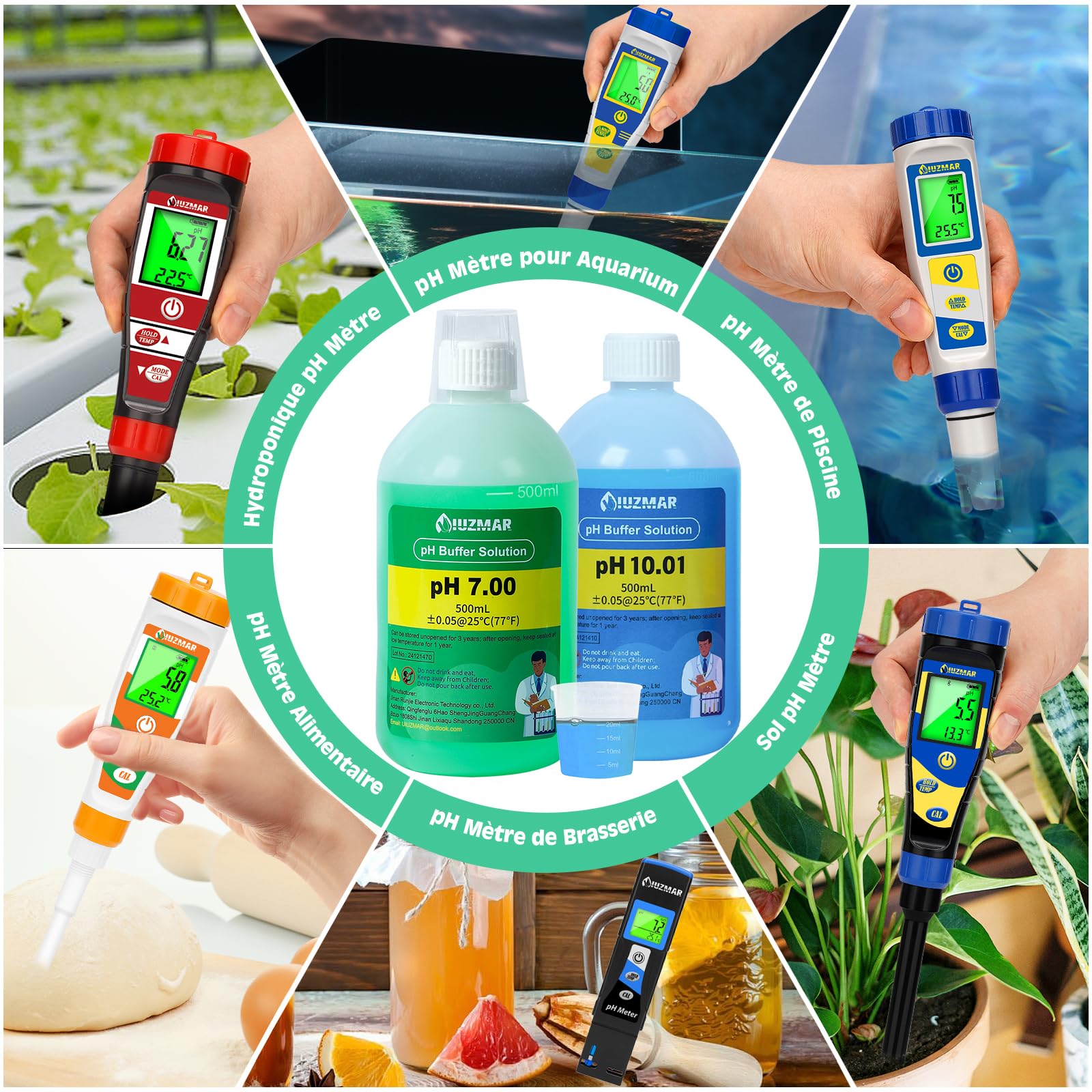 UIUZMAR Solution D'étalonnage du pH, pH 10.01/7.00 Solution 500mL Chacune, Solution D'étalonnage du Tampon pH avec Gobelet (30ml*2) pour pH mètre, Testeur de pH, Moniteur de pH, Sonde de pH