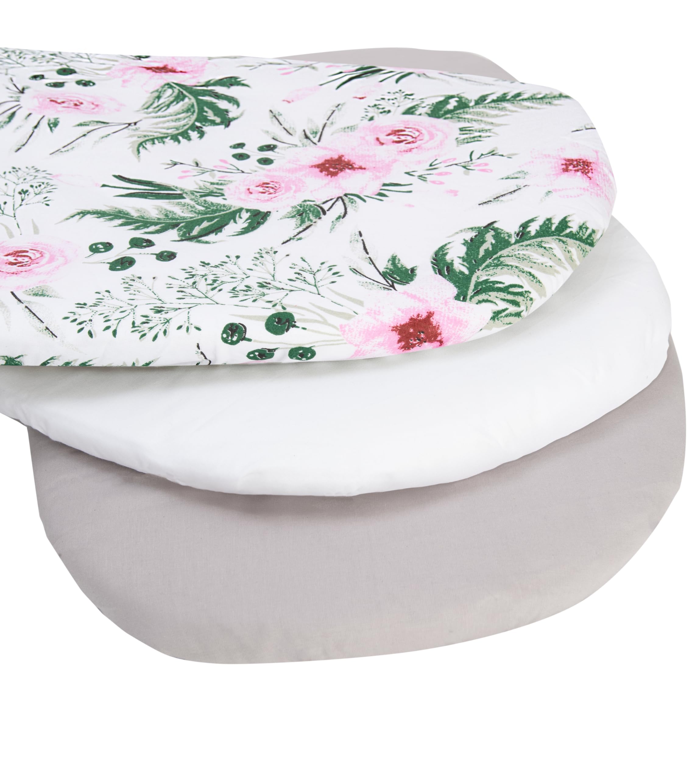 Medi Partners Lenzuola Lettino Culla 86x40 Set 3 Lenzuolo Navicella Neonato Carrozzina con Angoli - 100% Cotone Passeggino Materasso Fitted Sheet Coprimaterasso (Fiori Rosa-Bianco-Grigio)