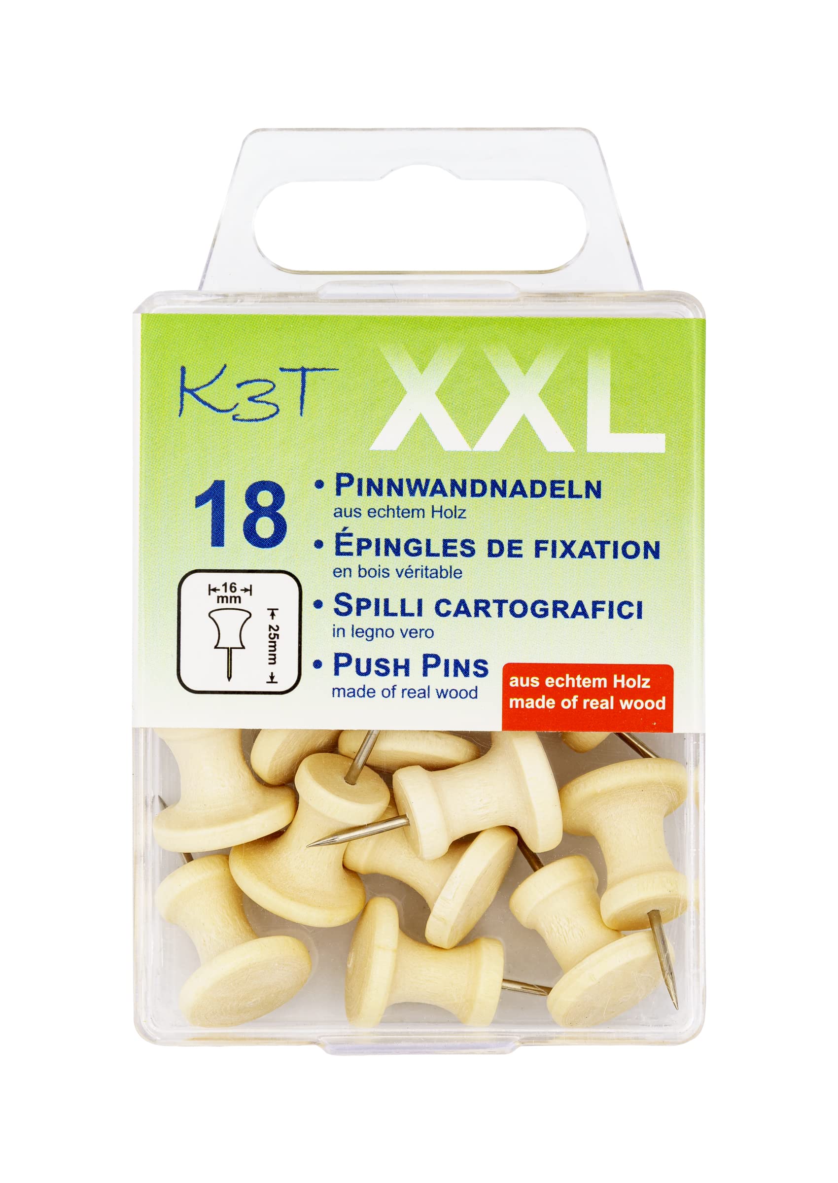 K3T 48918 Push Pins XXL Pack of 18 Real Wood
