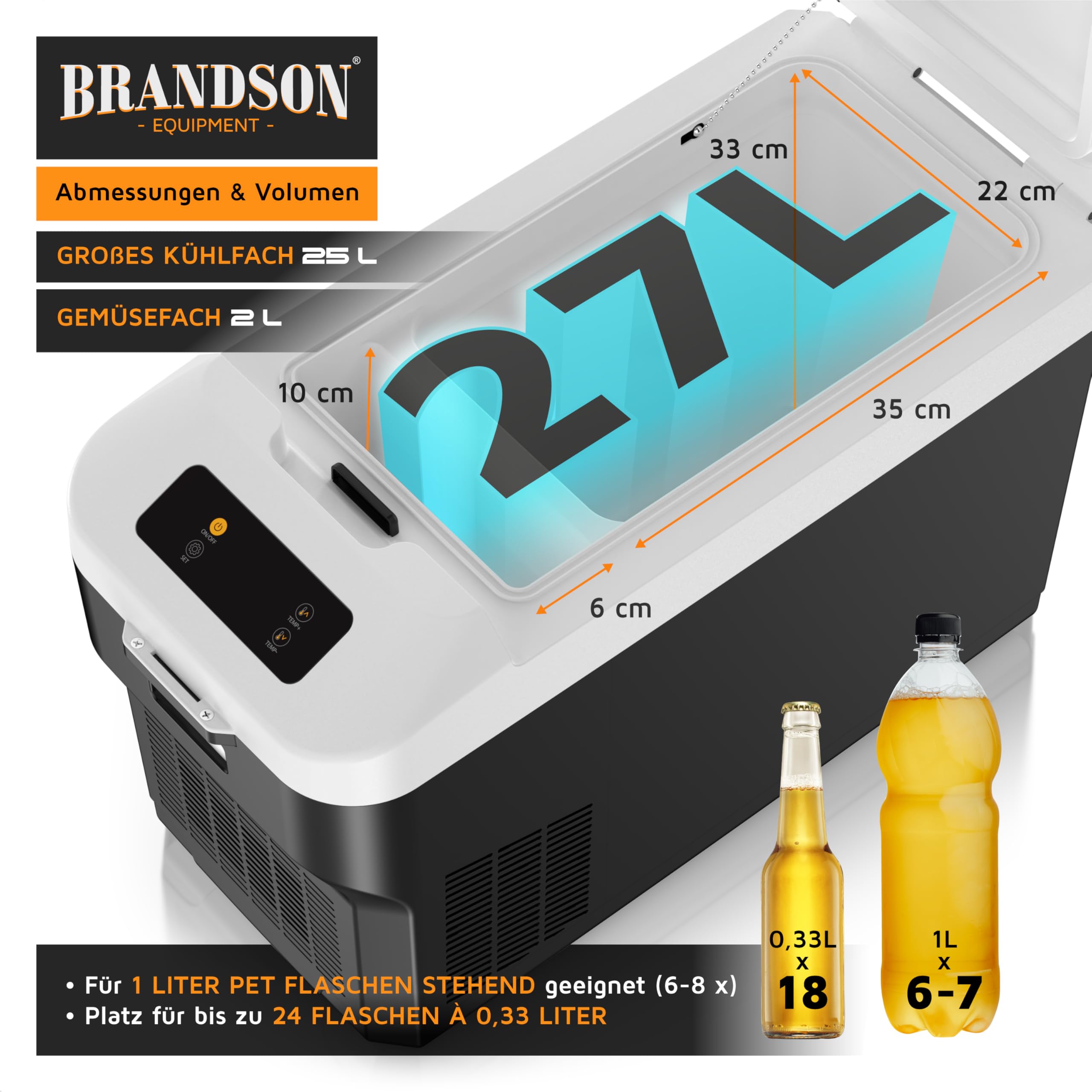 Brandson - Kühlbox elektrisch mit Kompressor - XXL 27 Liter – 12v 230v - zwei Fächer – starke Kühlleistung – zwei Betriebsmodi – Gefrierbox Gefriertruhe mit ECO-Modus – für LKW Auto Camping Boot