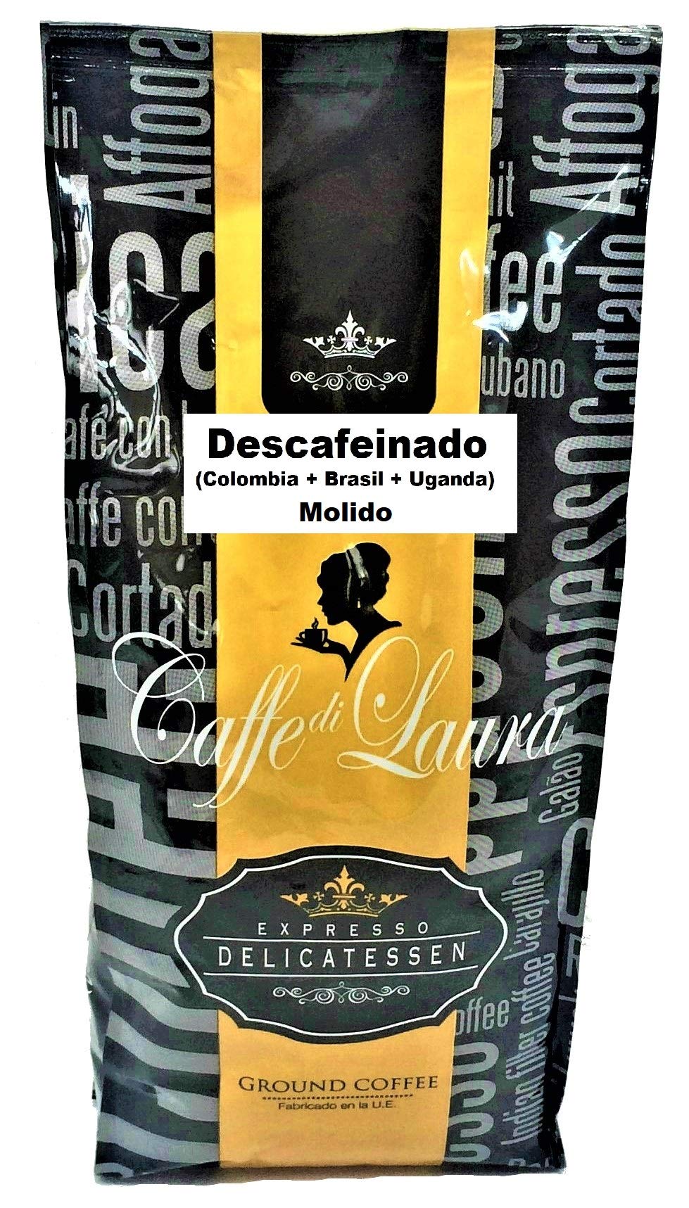 Café Descafeinado (Colombia+Brasil+Uganda) Selección Gourmet " Caffe di Laura " En Grano o Molido. Presentación en Bolsa. (Descafeinado Molido, 5 Bolsas x 1 Kg..)