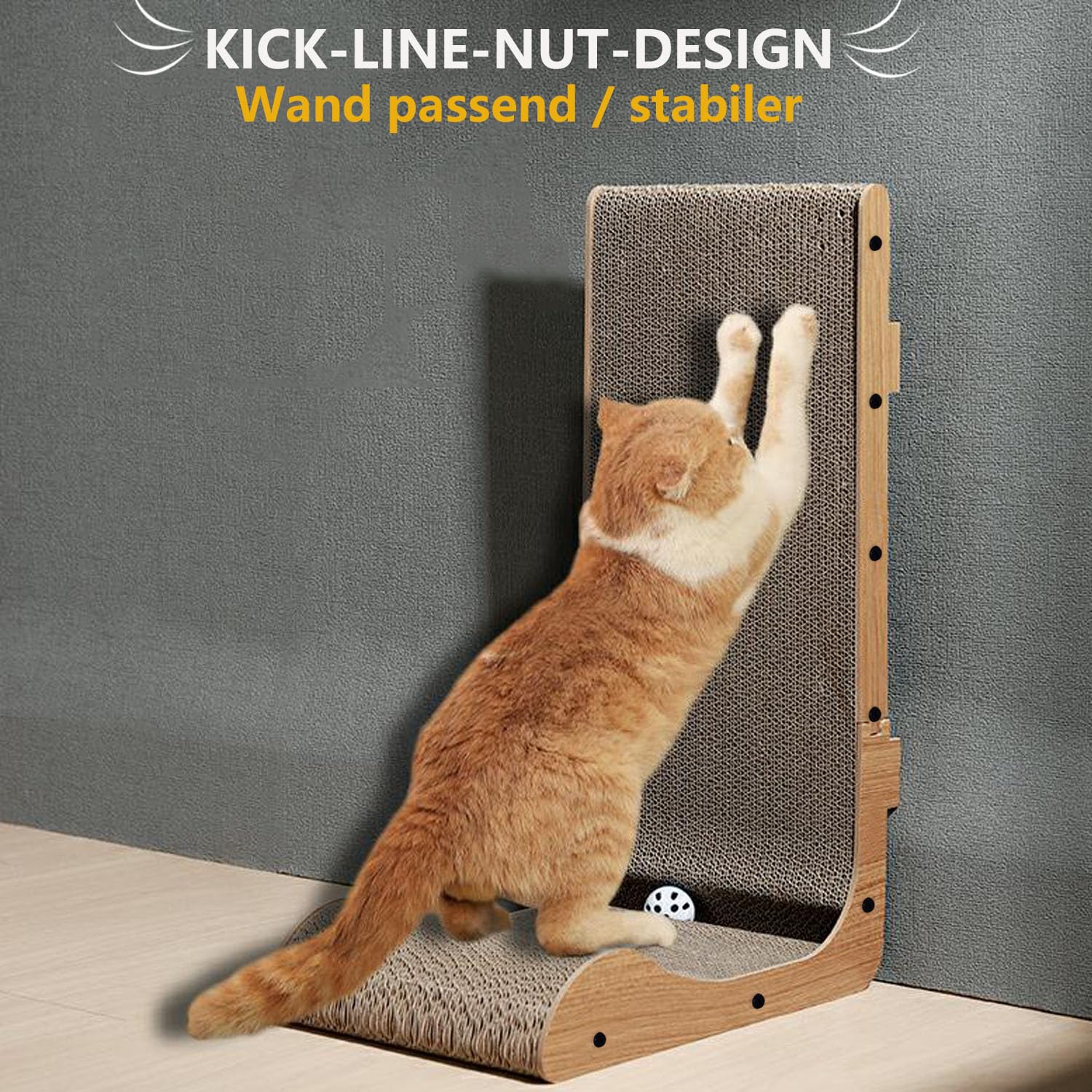 Rascador para gatos en forma de L montado en la pared, 60 cm, vertical/horizontal, de cartón con juguete de bola, diseño duradero que ahorra espacio para gatos de interior