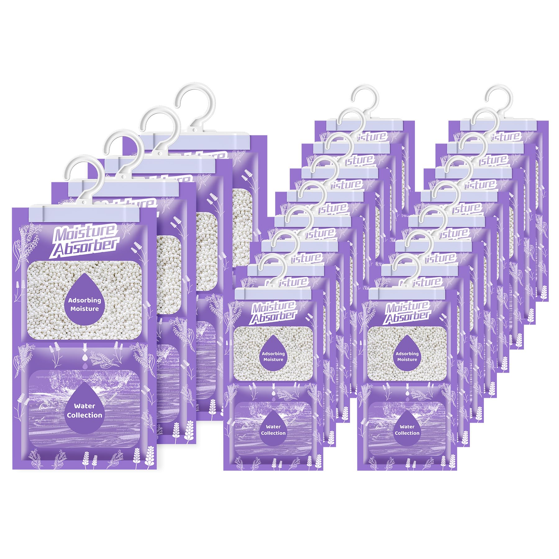 OMECO Sacchetto deumidificatore da appendere, deumidificatore usa e getta, 20 confezioni da 230g, assorbitore idratante con profumo di lavanda, adatto per lavanderia, guardaroba, libreria, ecc