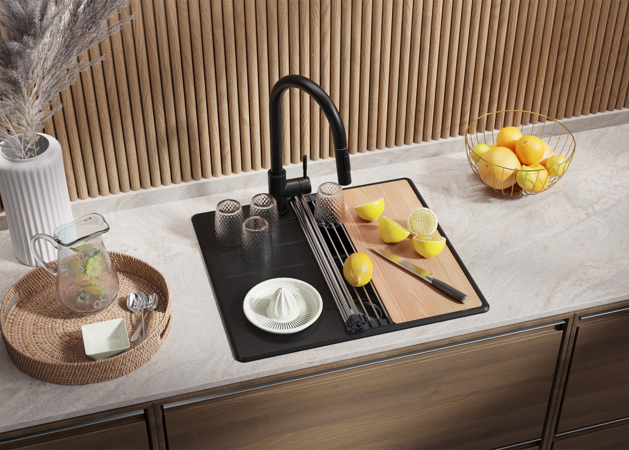 PRIMAGRAN Fregadero Granito Todo Negro - Copenhague Top, 55x50cm | Cocina 1 Seno + Grifo 32x20cm + Set de accesorios, sobre Encimera al Mueble 40cm (S092)
