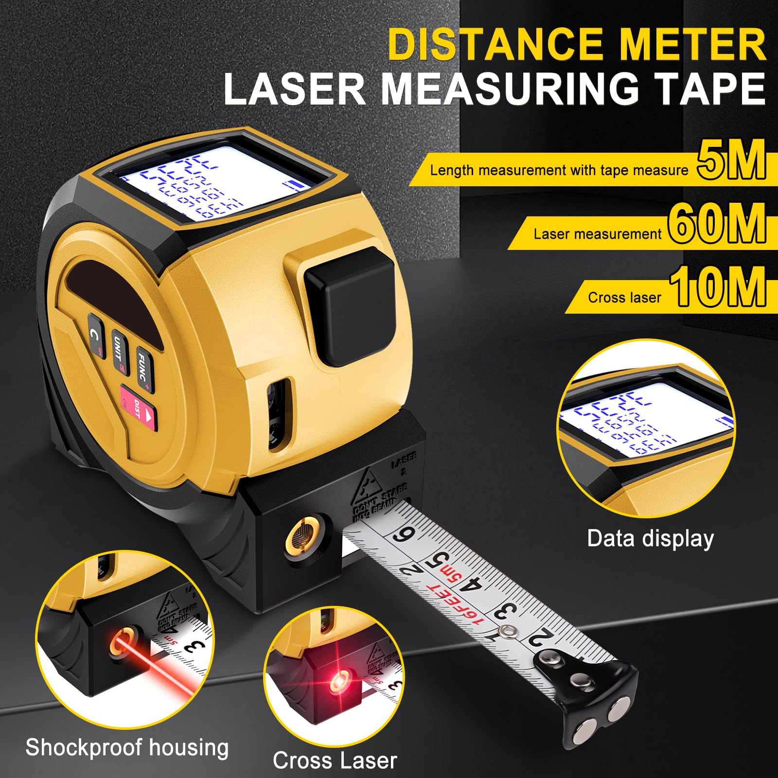 Metro a Nastro Laser, 60m Misuratore Laser e 5m Metro a Nastro, Memoria Per 20 Misurazioni, Unità Ft/In/M, per Misurazione di Distanza, Area e Volume