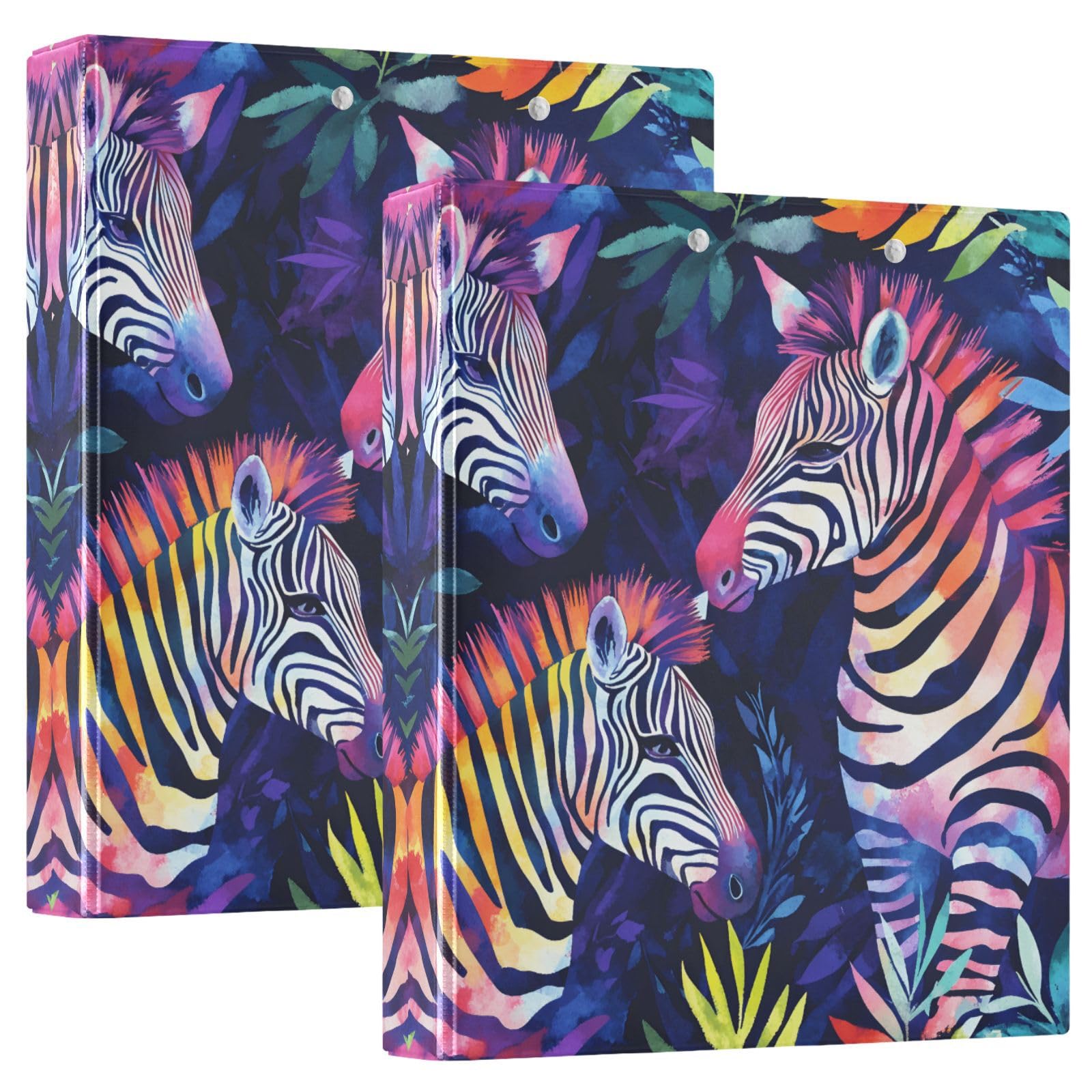 Confezione da 2 raccoglitori a 3 anelli, motivo foglie tropicali, stampa zebrata, 3,8 cm, con 3 tasche trasparenti, portablocco e contiene 200 fogli, per ufficio, scuola, organizzazione