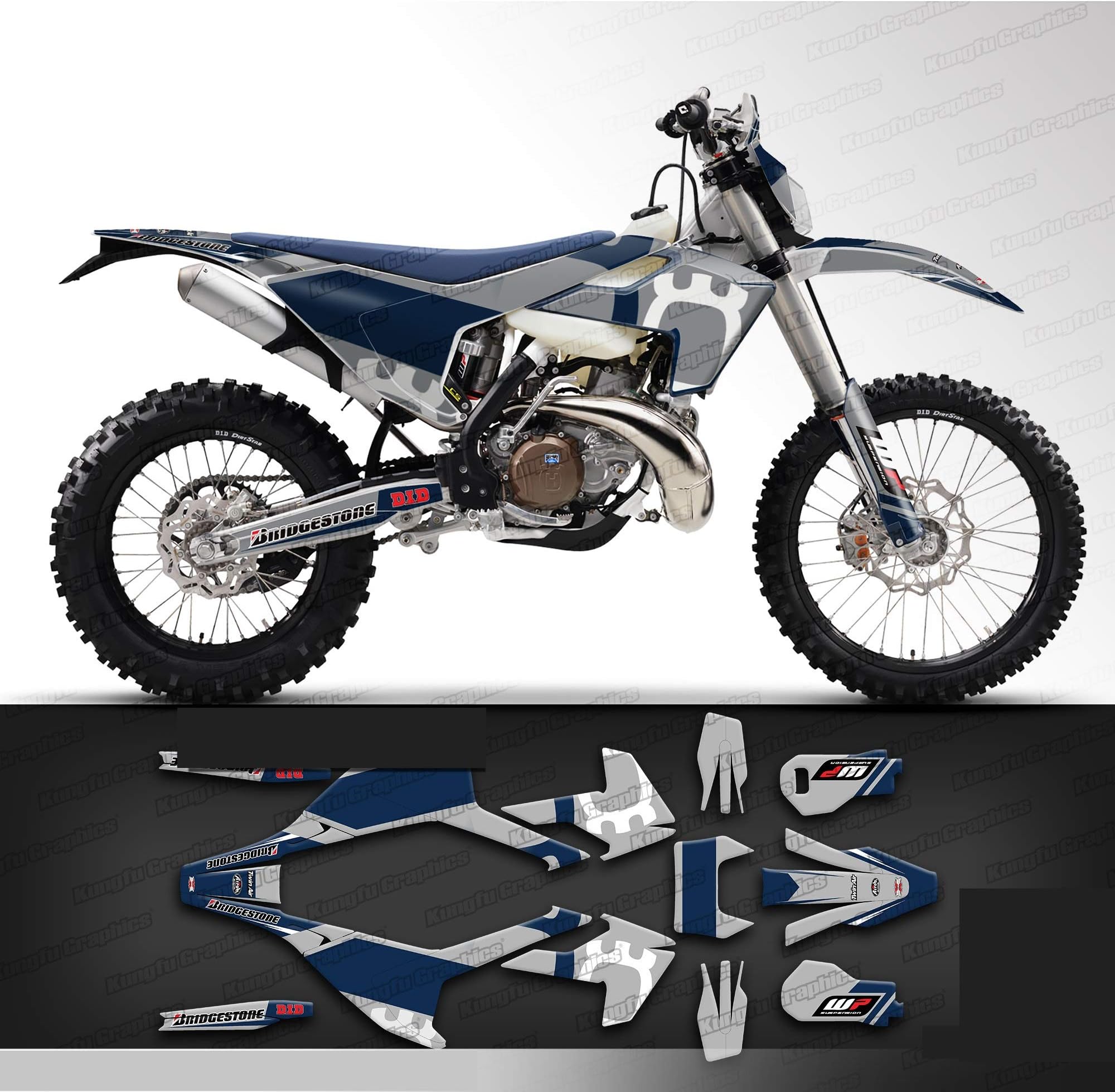 KUNGFU GRAPHICS DIRT BIKE Dirt Bike Custom Decal Full Kit Vinyl Sticker (Blue) Fits HUSQVARNA Husqvarna TE FE 125 250 300 350 450 501 2017 2018 2019, Design Number Style035
