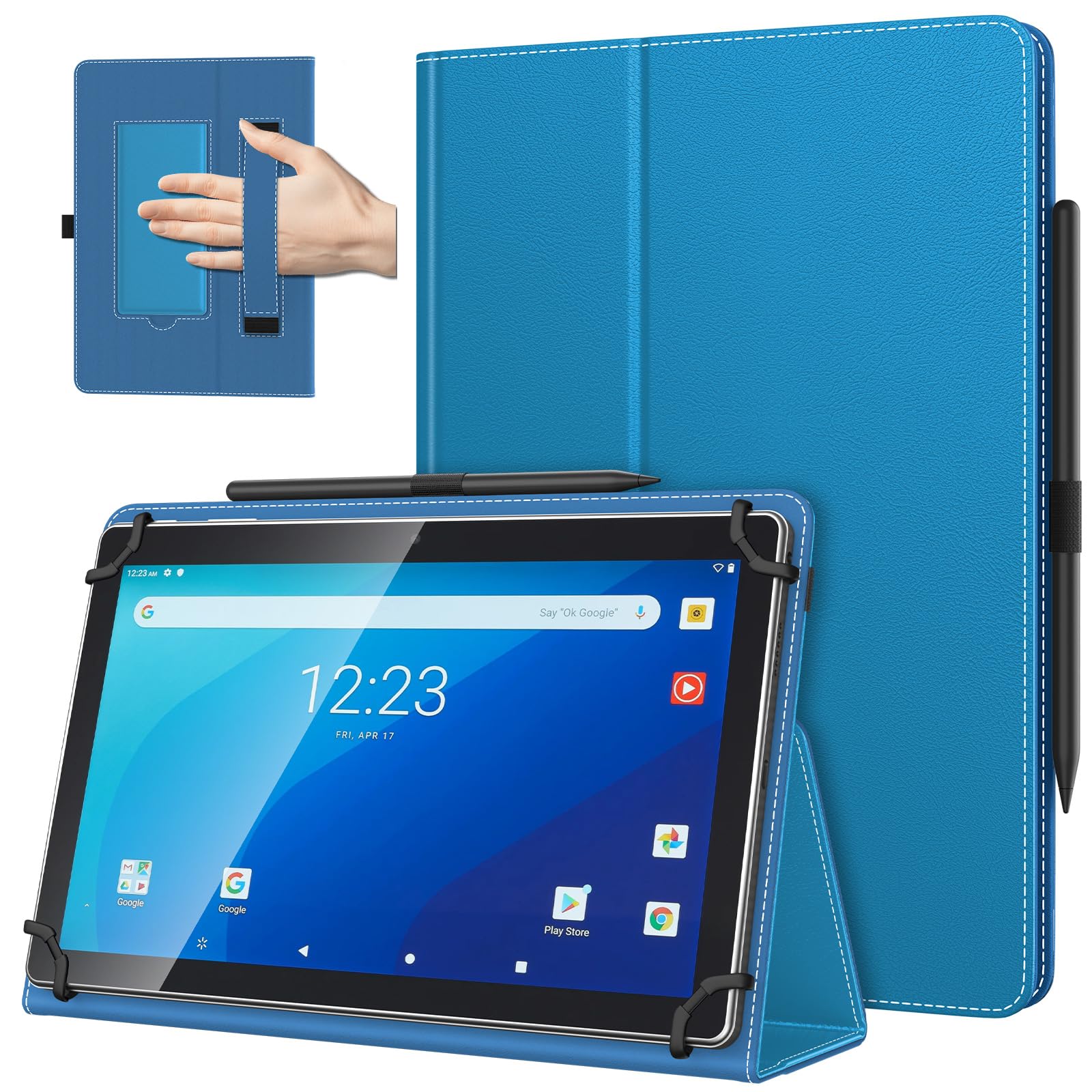 TiMOVO Universal Hülle für 10,1 Zoll Android Tablet mit Stiftschlaufe, Leichtes & Faltbares Standhülle mit Handschlaufe für Alle 9,6-11 Zoll Touchscreen-Tabletten, Blaue Welle