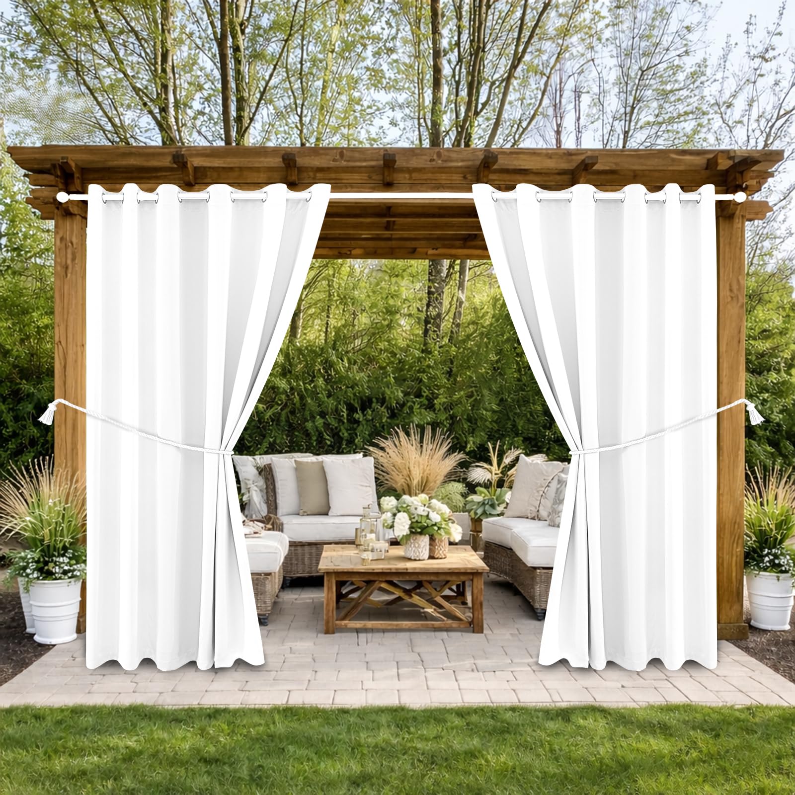 Water Proof Outside Curtains with Grommet Top for Porch, W84 x L95 Thermal Insulated Washable Light Block Outdoor Divider Drapes for Patio Gazebo Deck