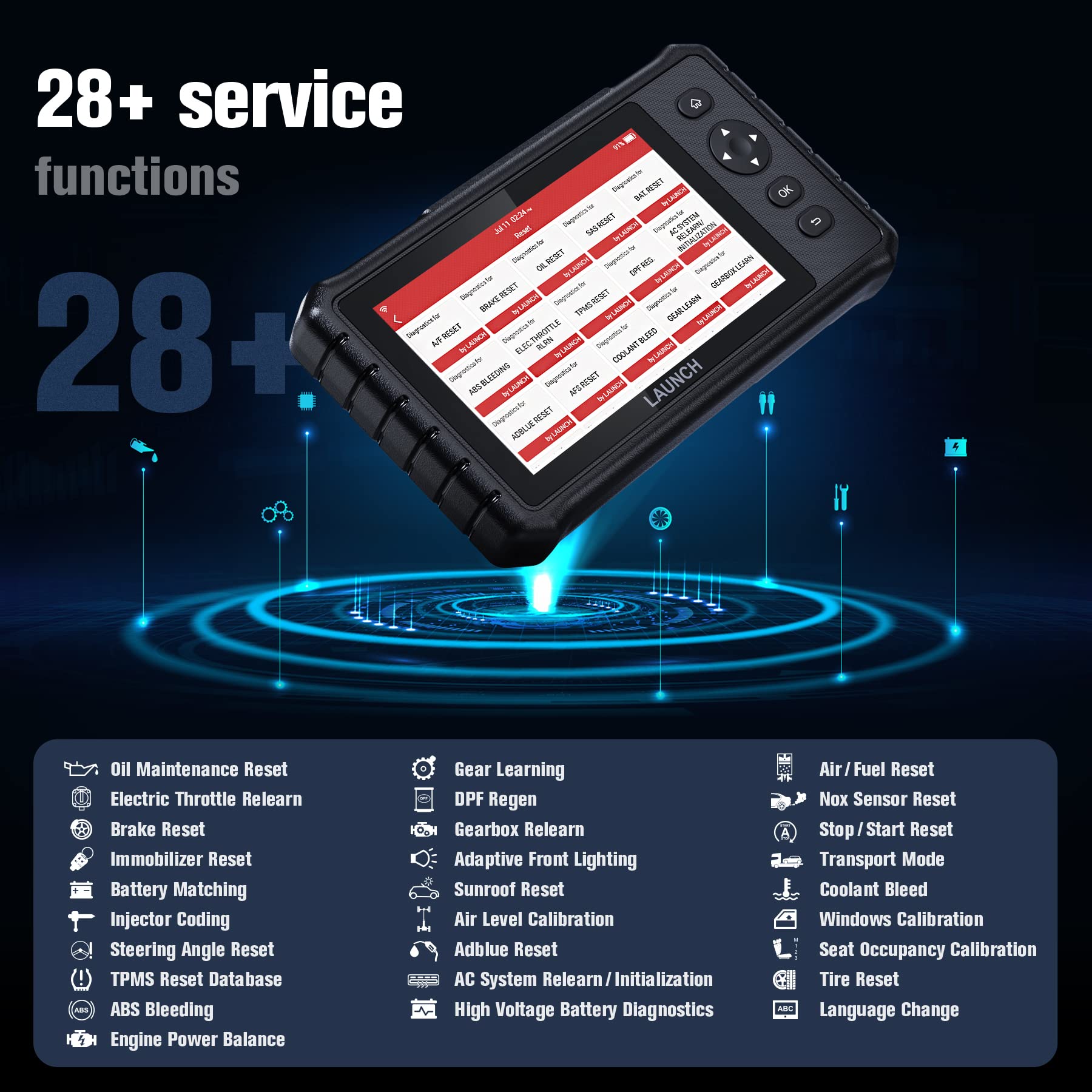 LAUNCH Europe CRP 349 diagnostyka półprofesjonalna & skaner OBD II, wsparcie ponad 75 marek samochodów i 28 funkcji serwisowych, Android 7, Odpowietrzanie układu chłodzenia; Bilans mocy silnika