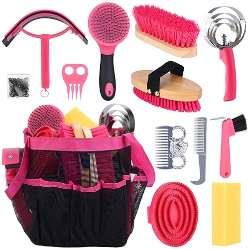 TERPUP Horse Grooming Kit 13 Piece, Horse Brushes for Grooming Supplies with Tote Bag, Horses Tack Brush Set for Effective Grooming and Cleaning, Gift for Horse Riders Beginners (Pink)