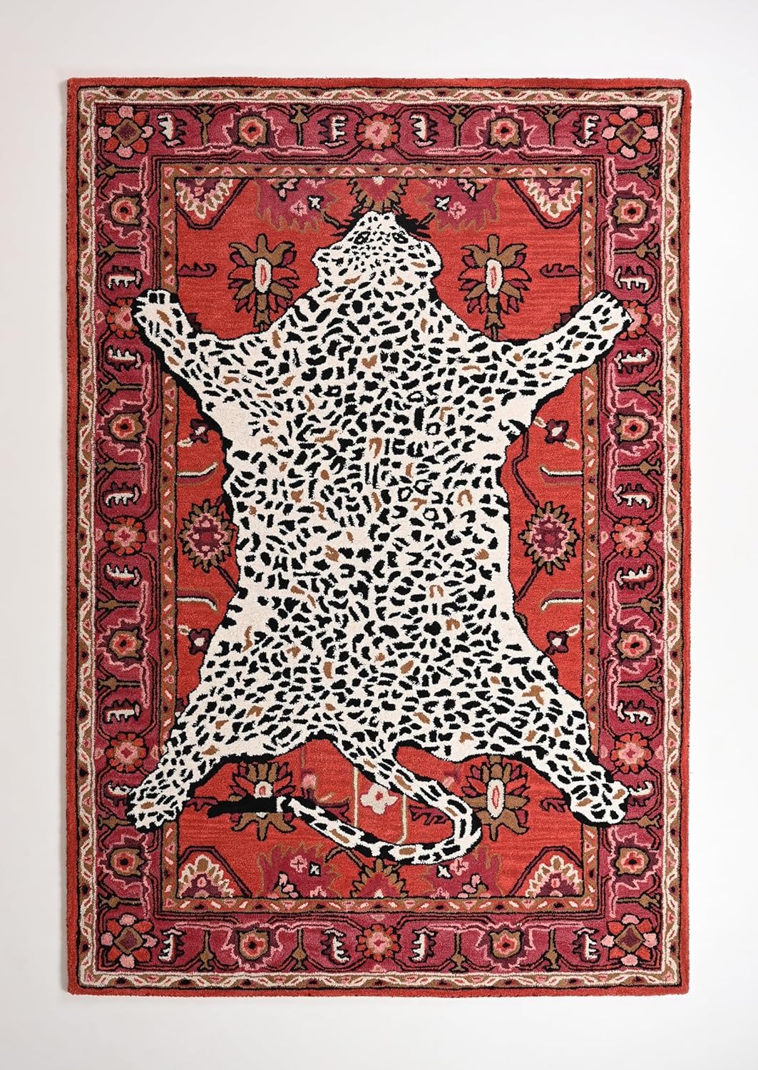 Handmade Leopard Wool Area Rug with Traditional Oushak Motif – Animal Print Cheetah Rugs for Living Room, Bedroom | Plush Texture, Vintage Style,