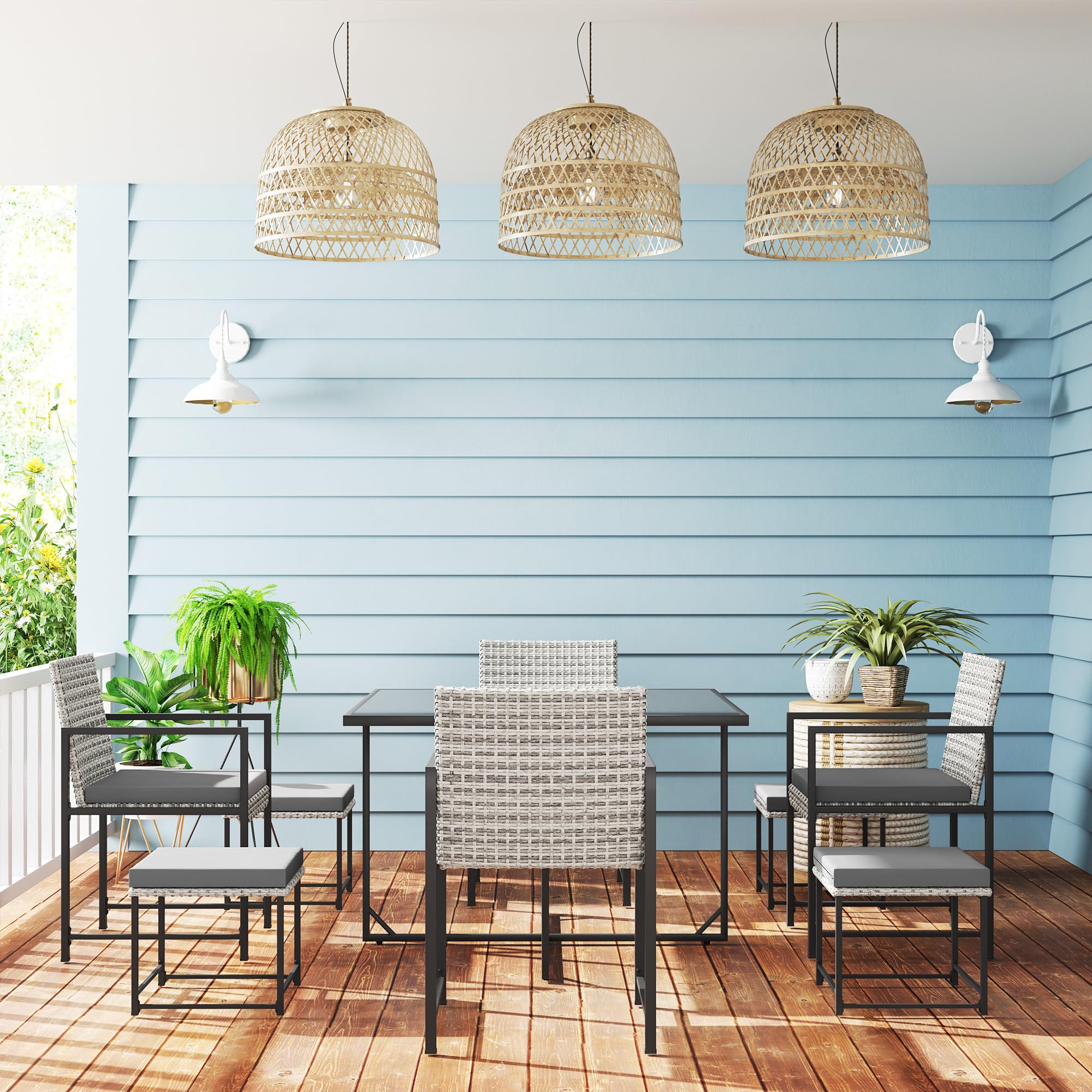 Outsunny Conjunto de Muebles de Jardín Exterior de Ratán de 9 Piezas Conjunto de Jardin Exterior de Ratán Sintético con Mesa con Vidrio Templado 4 Sillas 4 Taburetes Impermeables Cojines Gris