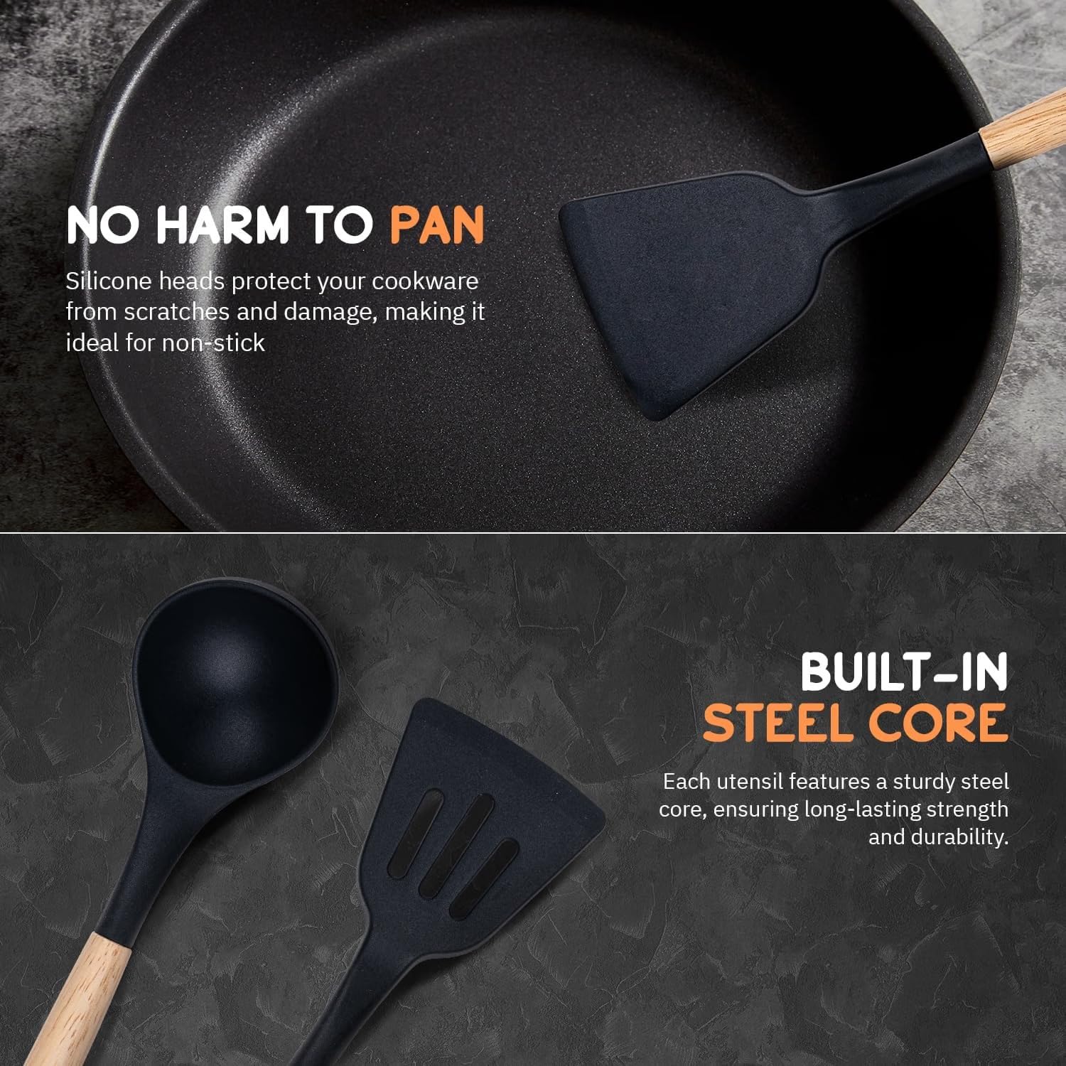 GREEVA 3 Pcs Silicone Kitchen Utensils Set, Heat Resistant Silicone Spatula Turner Set Wooden Spoons Kitchen Tools Cooking Utensils for Nonstick Cookware (3pcs Black) — Amazon image 4
