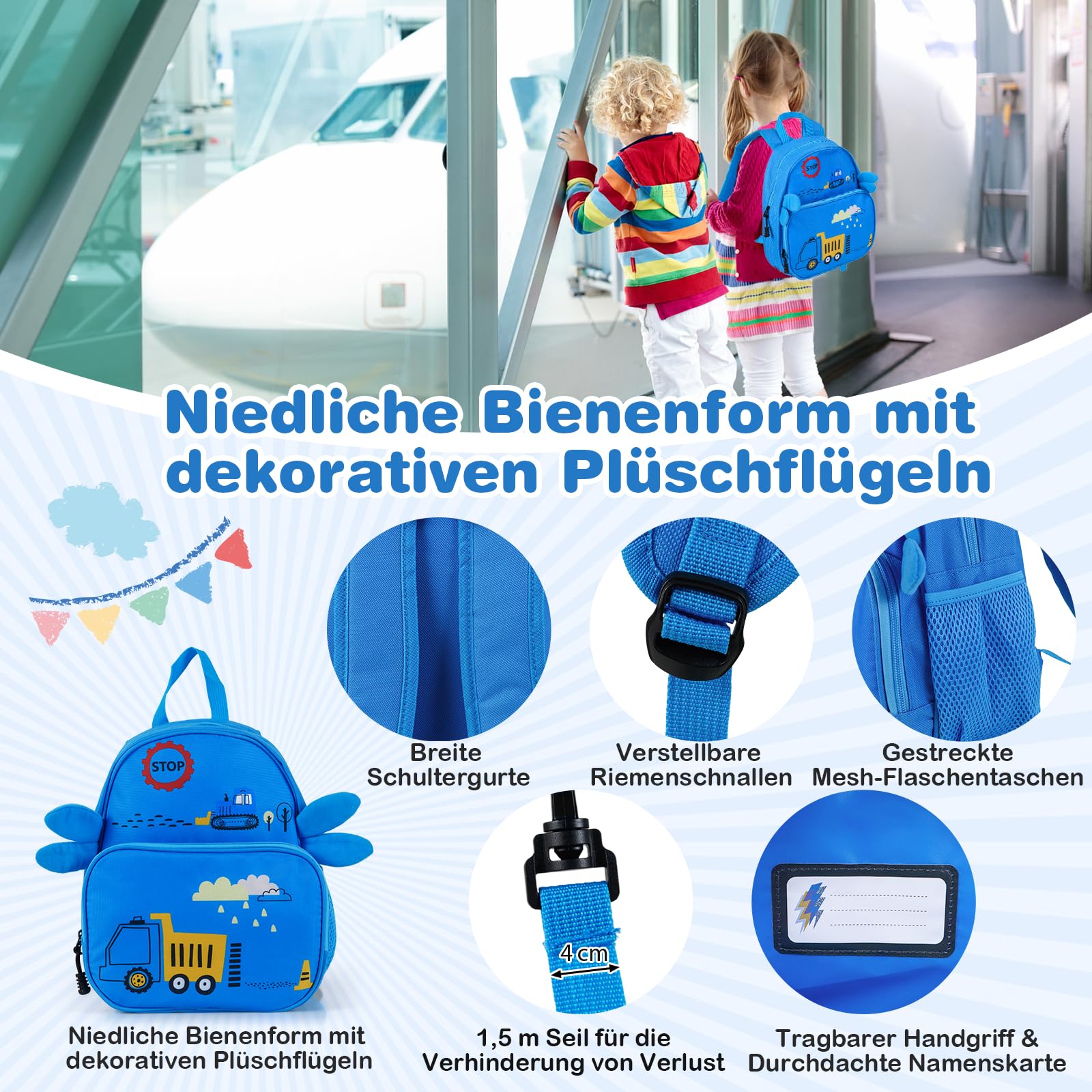 DREAMADE Kinderkoffer zum Draufsitzen, 2 TLG. Kinderkoffer mit Rucksack, Kindergepäck Trolley zum Reisen, Reisetrolley Kinder Trolley Set (18 Zoll +12 Zoll,Blau-Bagger)