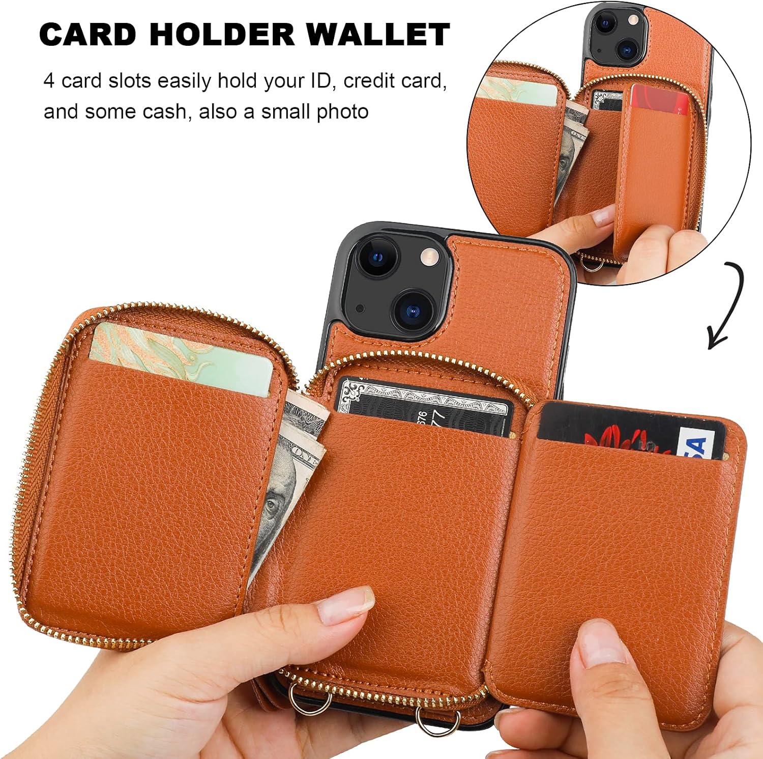 Bocasal RFID Blocking Wallet Case for iPhone 14 iPhone 13, Adjustable Crossbody Zipper Purse Case Card Holder with Kickstand Detachable Wrist Strap, PU Leather Flip Folio Case 6.1 Inch 5G (Brown)
