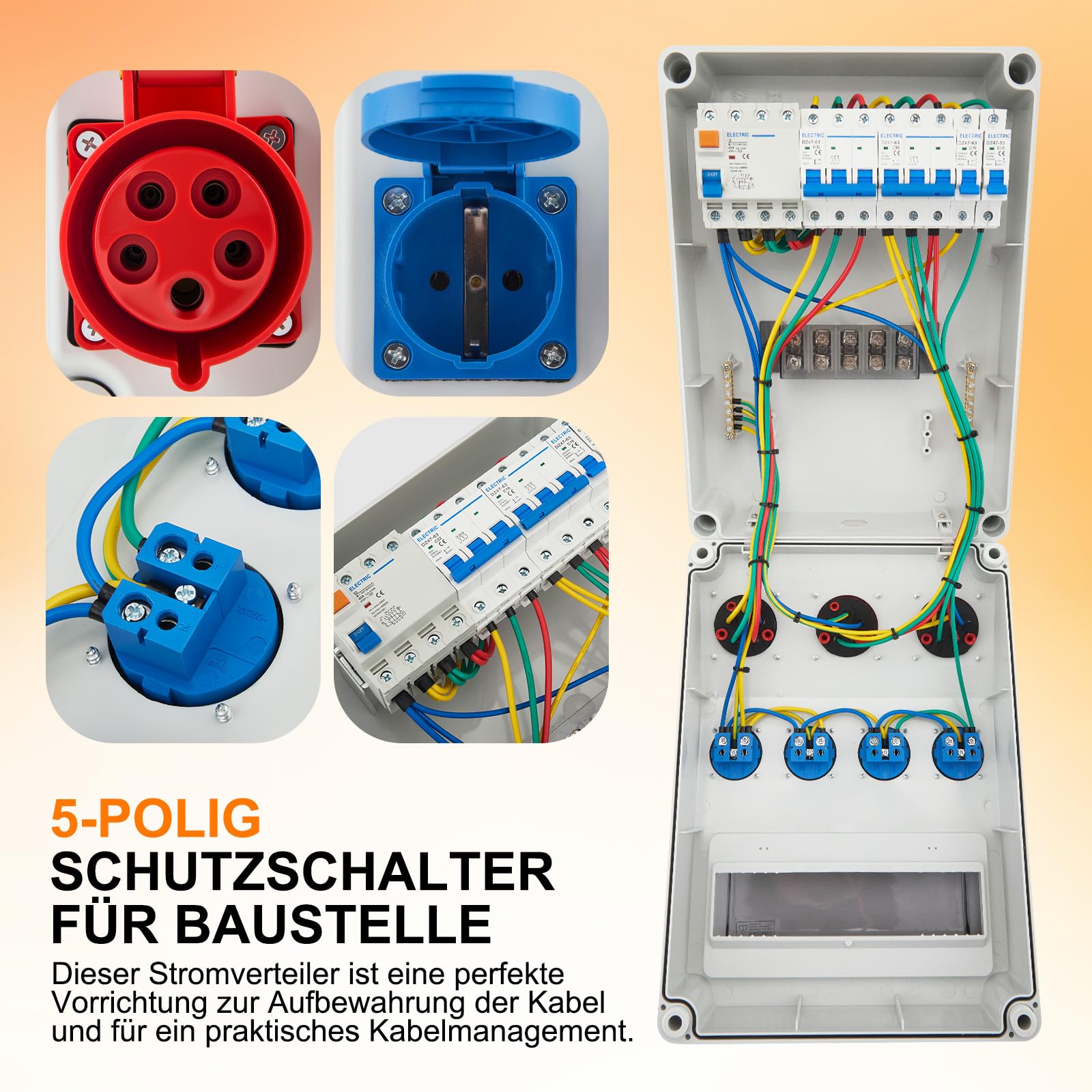Distribuidor de corriente para construcción 32 A IP44 con protección FI/RCD y LS, 4 x Schuko, 2 x CEE 16 A + 1 x CEE 32 A, distribuidor de corriente industrial para exteriores y obras | carcasa