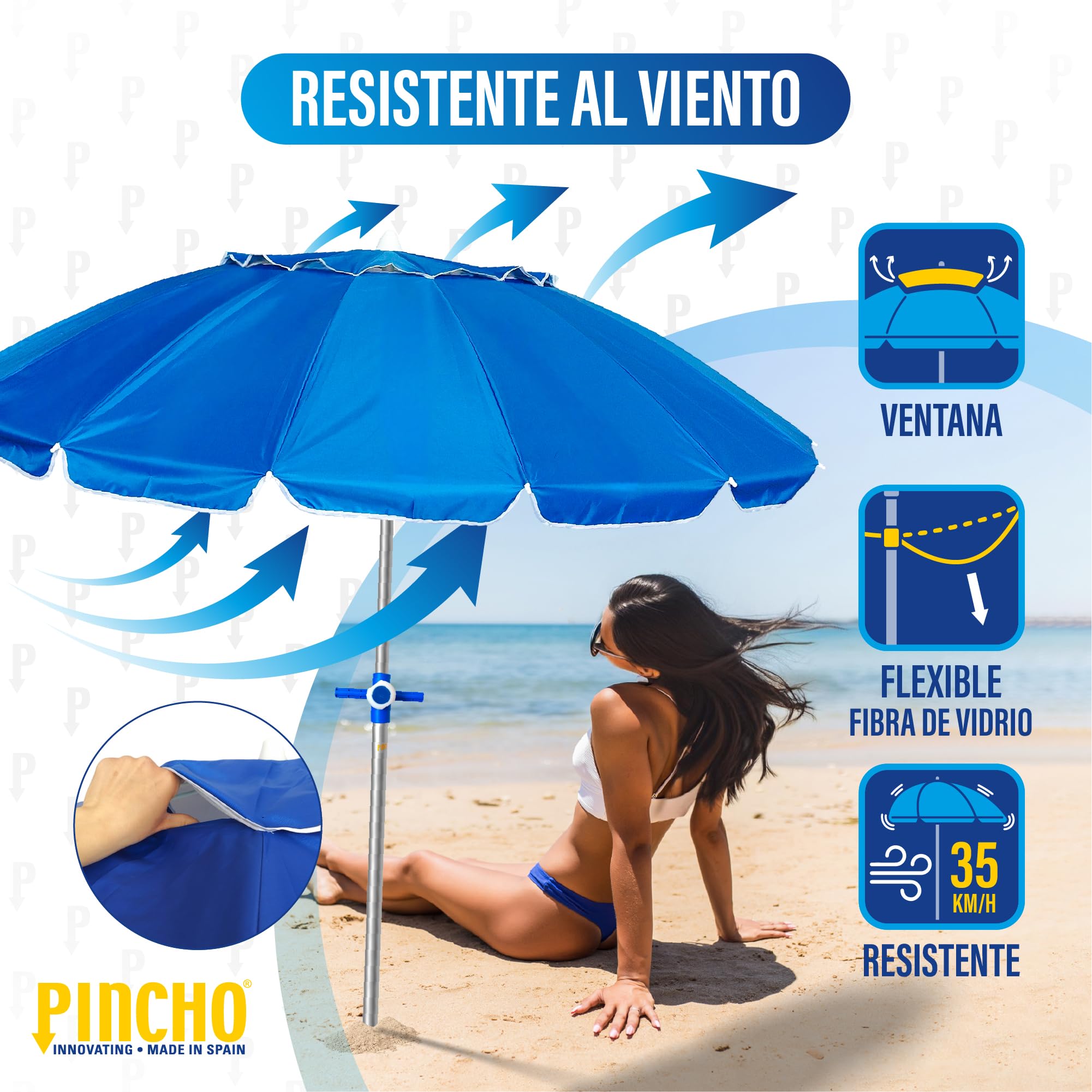 Pincho Sombrilla Playa Grande 240 Cm, Antiviento Hasta 35Km/H, Proteccion UV 50, Tubo Aluminio, 16 Varillas Fibra Vidrio, Palo Reclinable, Sombrilla Plegable Playa, Ligera, Bolsa Transporte
