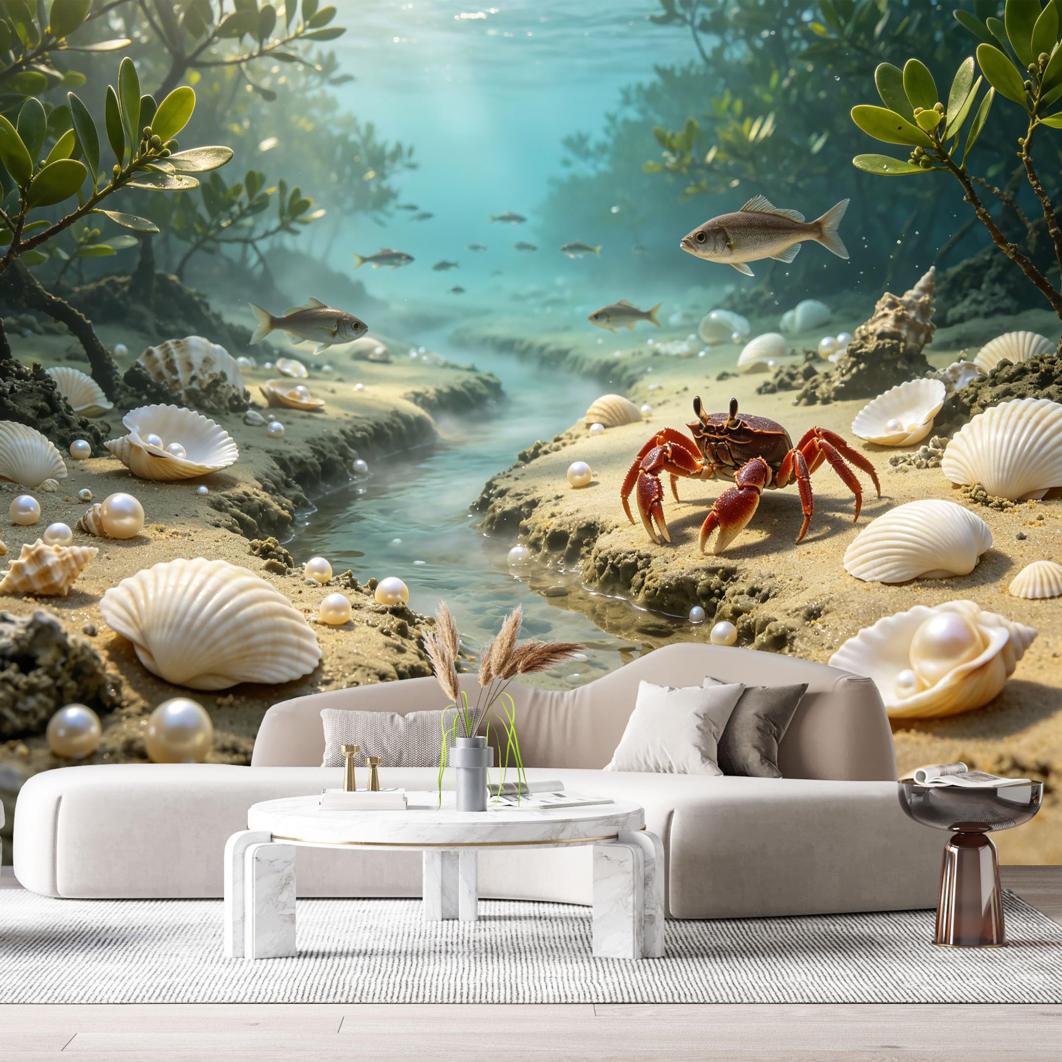 Custom Size Wall Murals Ocean Marine Tropical Mangrove Crab Seashells Pearls 3D Trompe L'Oeil SelfAdhesiveWall Fabric Removable Wallpaper Wall Decor for Living Room Bedroom Bathroom