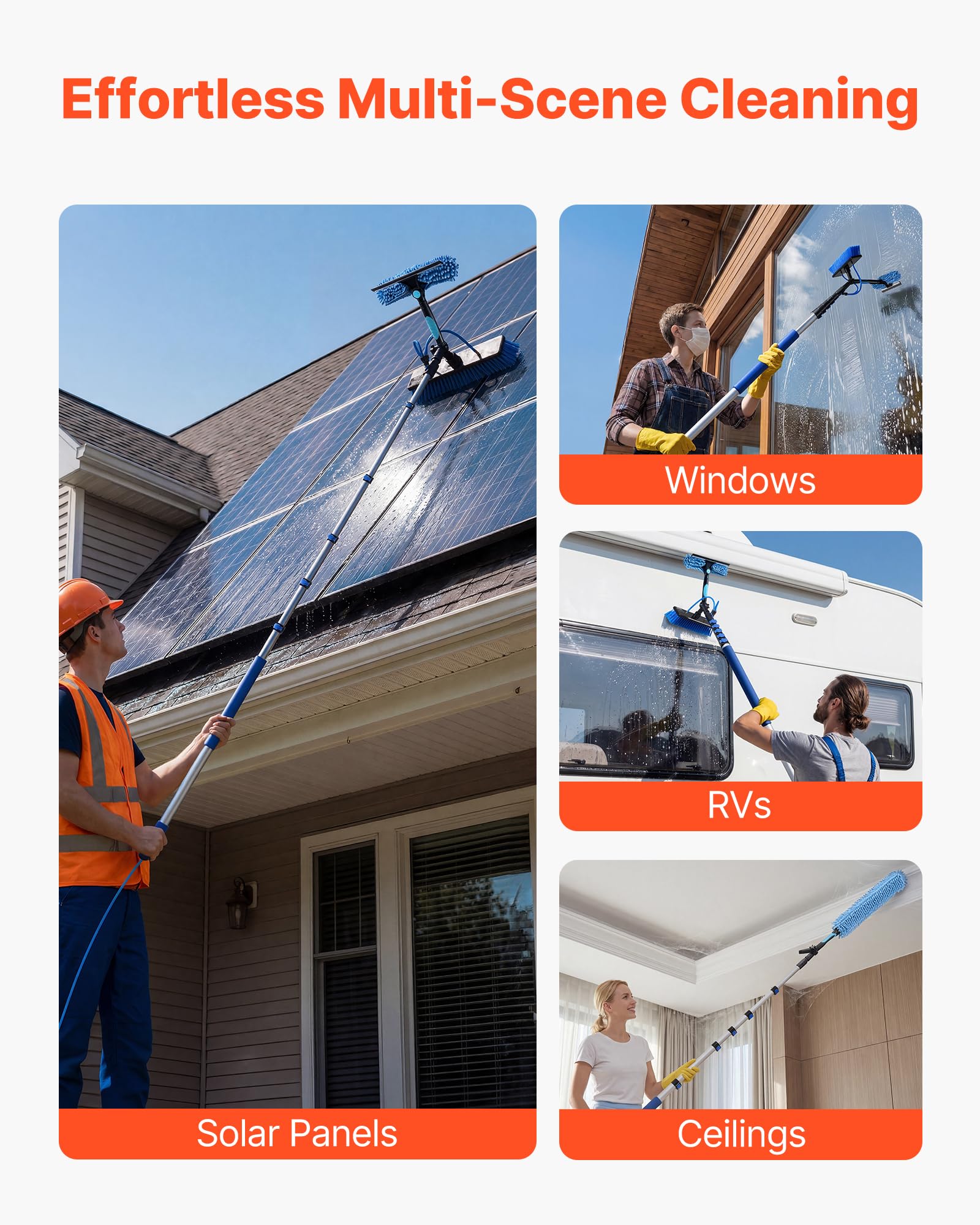 VEVOR Kit de Limpieza de Paneles Solares con Pértiga Telescópica 10 m, Cabezal Giratorio, Suministro de Agua, Dispensador de Jabón, Kit de Cepillo de Limpieza con Manguera 20 m para Terrazas Ventanas