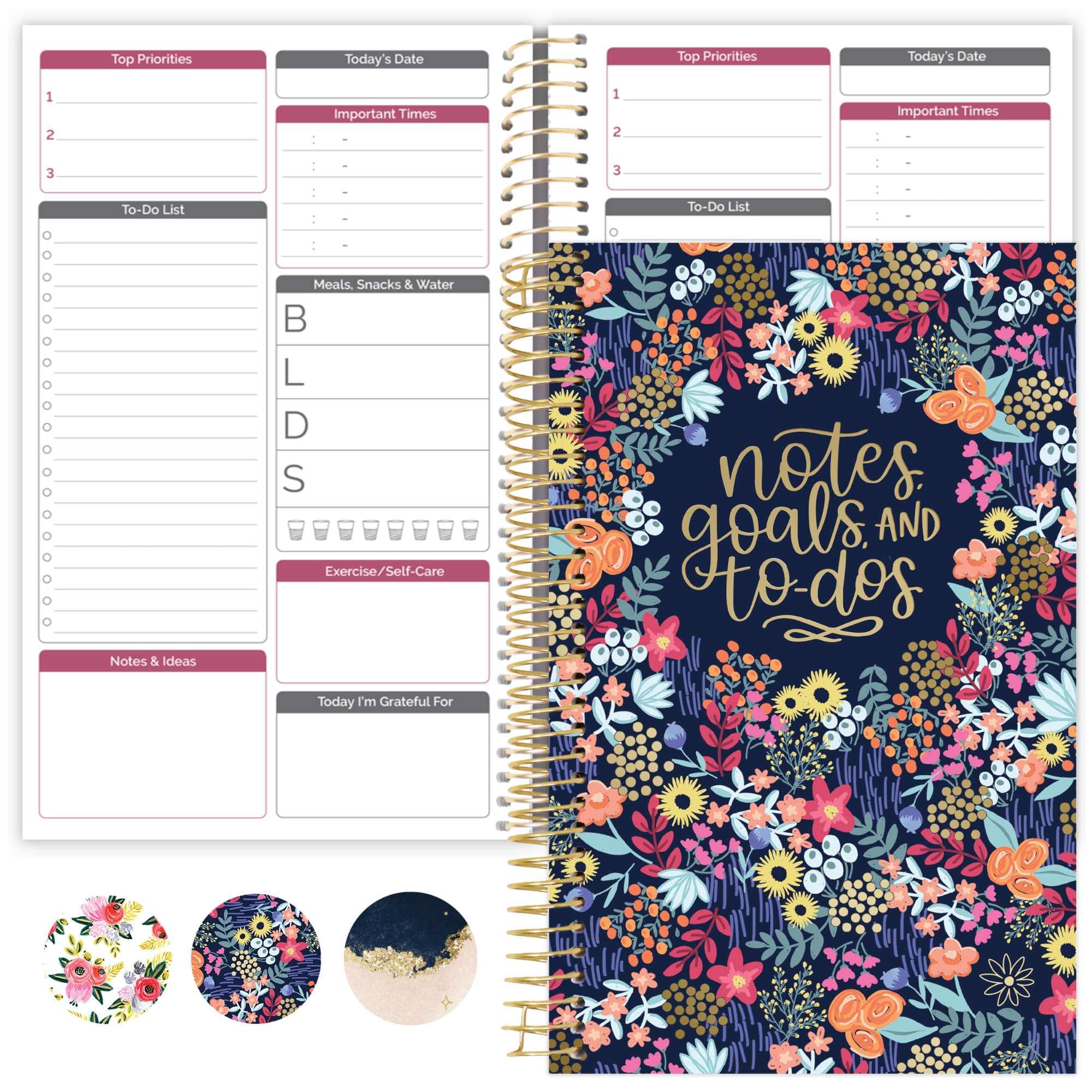 bloom daily planners Bound To Do List Notebook - Undated Daily Planner with 186 pages for Daily Tasks & Appointments- Spiral To Do List Notepad Book for Office, Home, School - Floral Dots V2