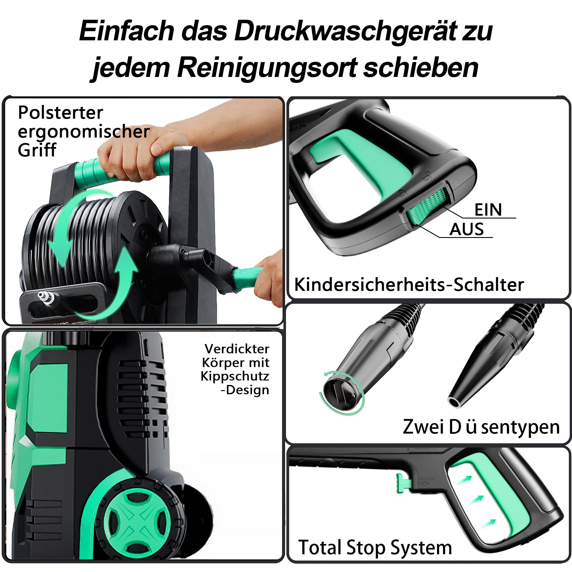 Hochdruckreiniger 200 Bar, Touchscreen 8-stufiger, 6-in-1-Düse, Druck: 100-200bar, Fördermenge: 280-500l/h, Flächenleistung: 60m²/h, mit 500ml Schaumkanone und Schlauchtrommel, Wassersparend