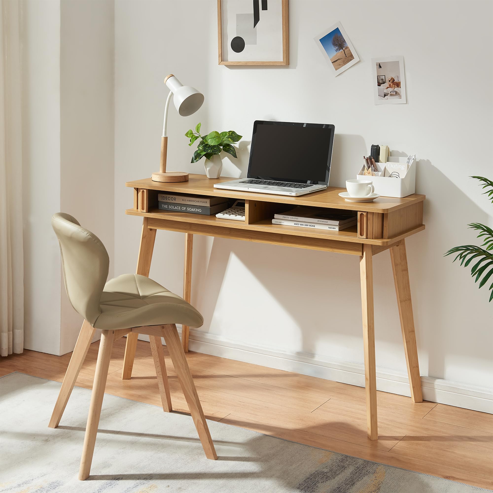 [en.casa] Tavolo a Consolle con 2 Ante Scorrevoli e Gambe in Bambù Mobile Alto Stretto Tavolo da Ingresso con Vani Chiusi per Soggiorno Studio 110 x 40 x 78 cm - Naturale
