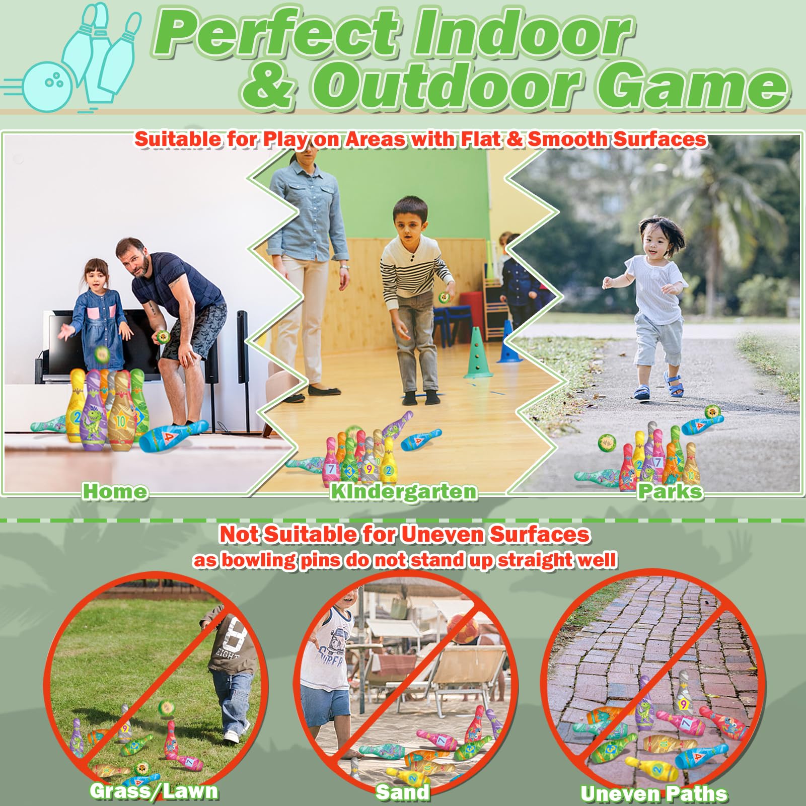 STAY GENT Dinosaure Jeu de Quille avec 10 Quilles et 2 Boules Souples, Jeux de Quilles Balle en Mousse Bowling Enfants pour Intérieur Extérieur Cadeaux pour 2 3 4 5 6 Ans Enfants Anniversaires Noël