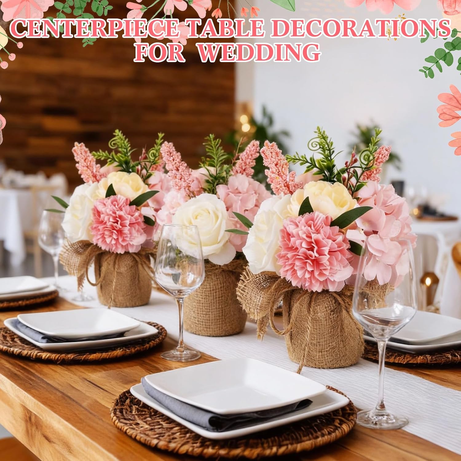 Novabright 4 Packs Artificial Flowers Centerpieces for Tables Decoration Faux Floral Pink Hydrangea in Small Burlap Vases Centerpiece Bouquets for Spring Easter Table Wedding Home Office Party