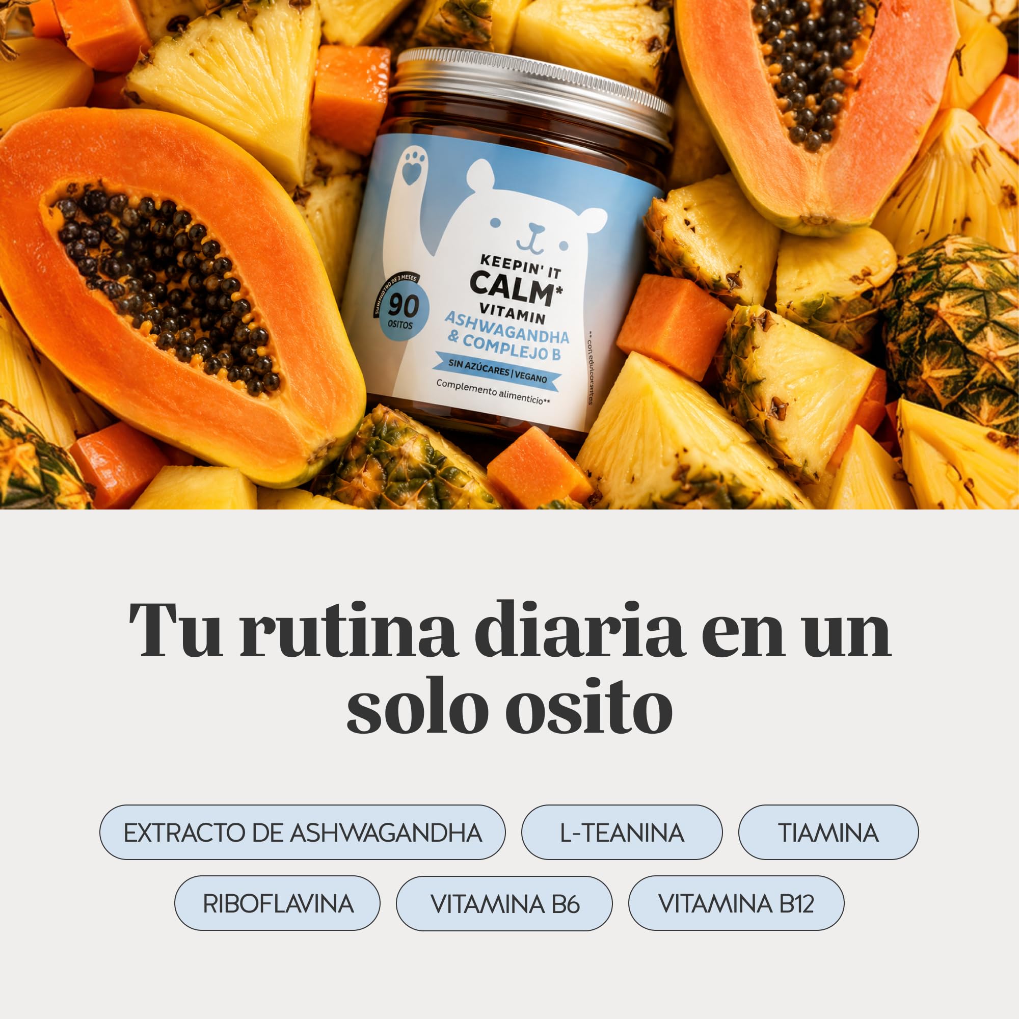Keepin' It Calm Vitamin – Gominolas con 85 mg de ashwagandha – Complejo B con vitaminas B12, B1, B2 y B6, L-teanina – 90 unidades (3 meses) – Vegano, Sin azúcar – Bears with Benefits