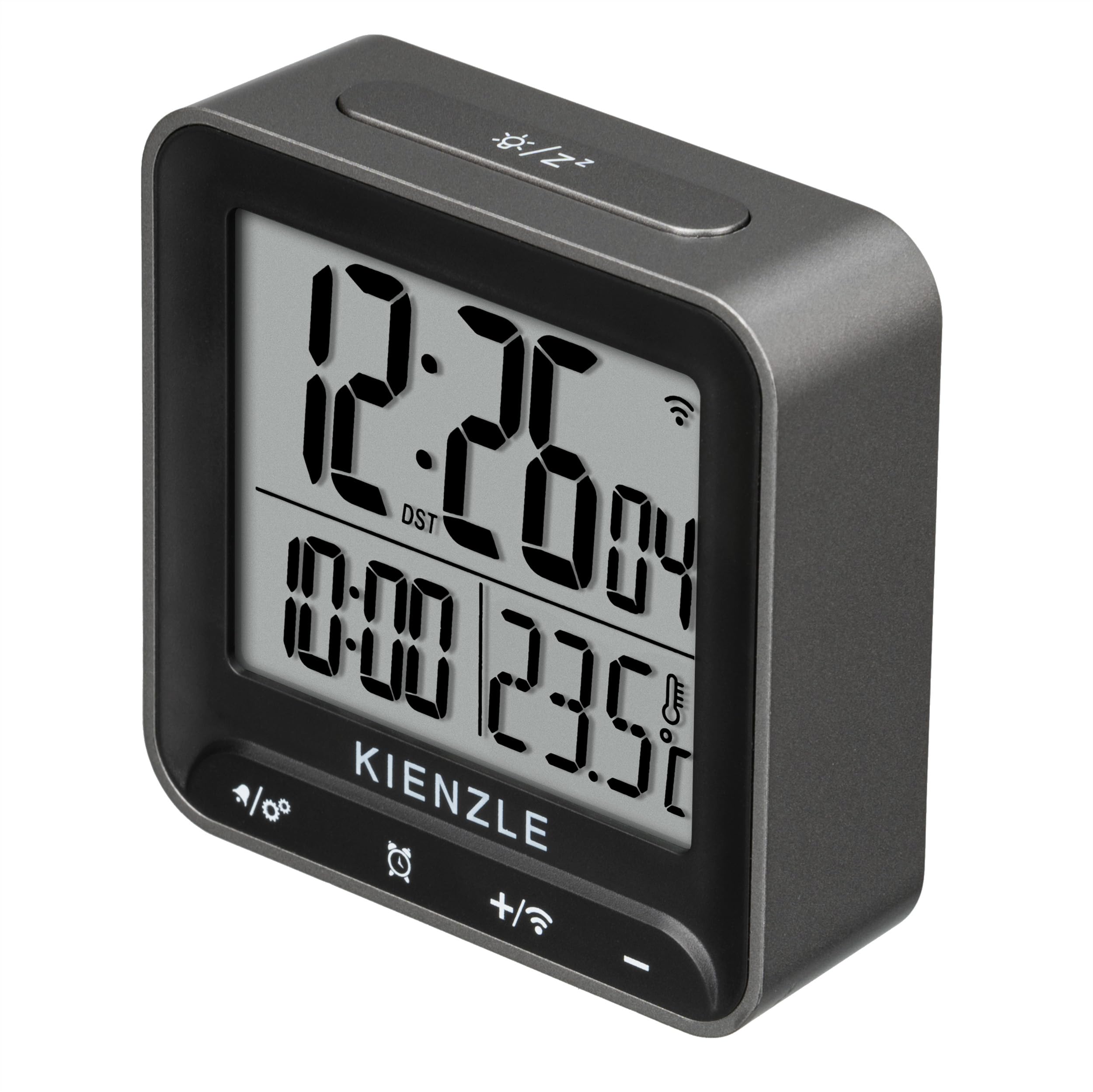 Kienzle Sveglia digitale radiocomandata rettangolare con DCF, 2 tempi di sveglia, display della temperatura interna, retroilluminazione, pulsanti a sfioramento