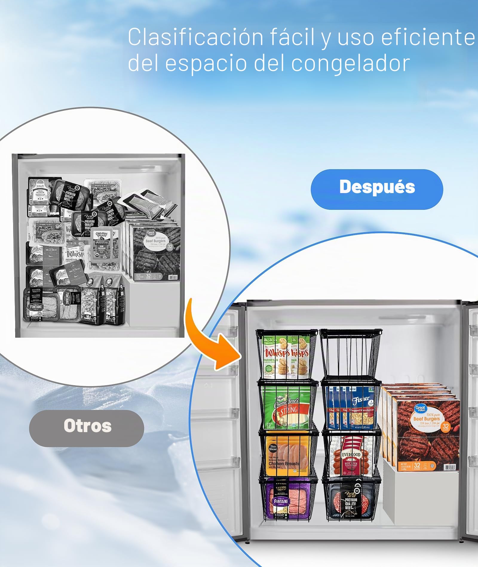 4PCS Cesta para Congelador para congelador para 141-198L,Metal Organizador Congelador Apilable Organizador Nevera Con Asas Y Fondo Antideslizante Apto Para FrigoríFico Mueble Cocina