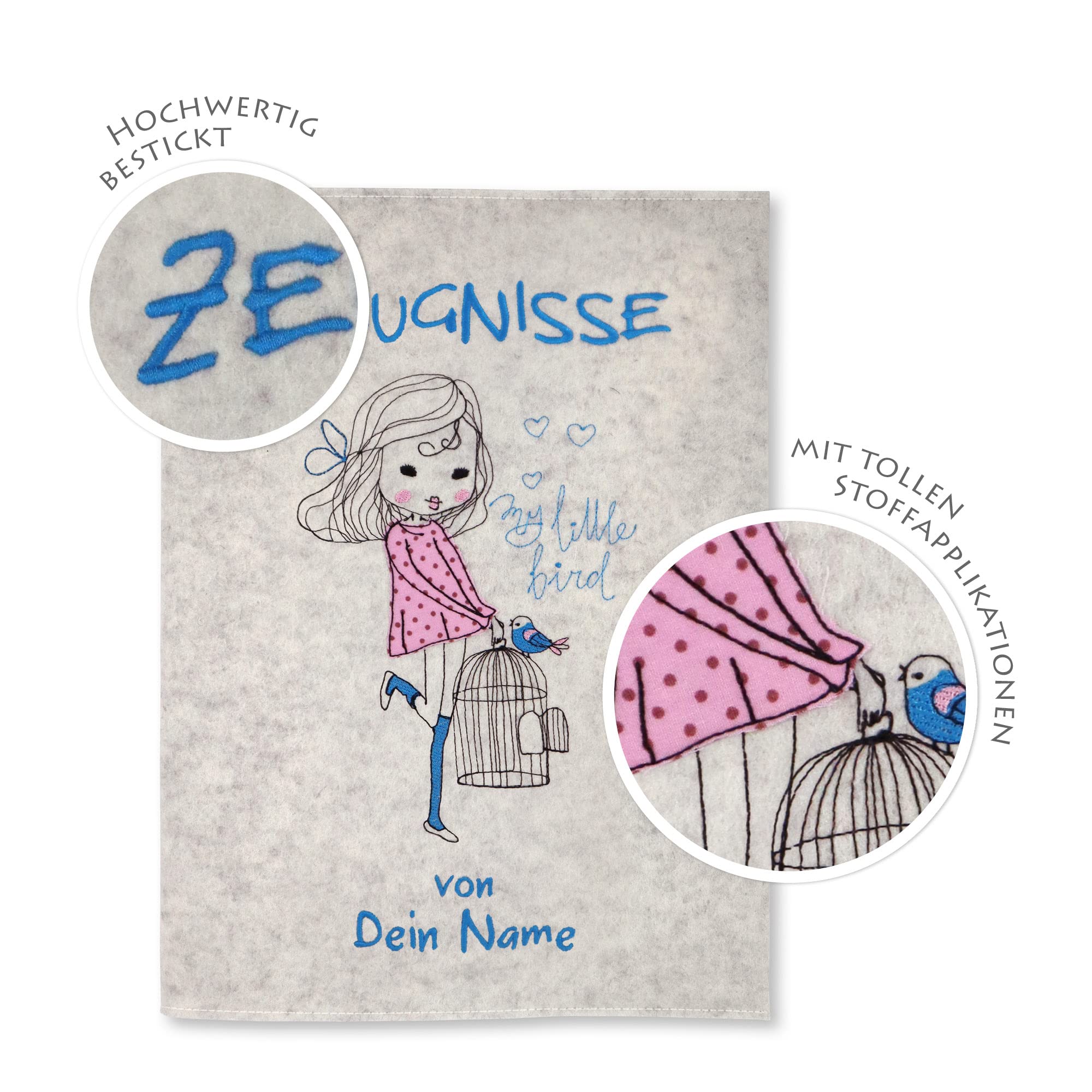 Zeugnismappe My little Bird personalisiert Sichtbuch DIN A4 mit 20 Hüllen - weiß meliert