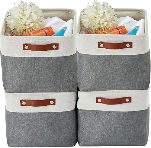 Miniatura 22 de DECOMOMO Cestas de almacenamiento para estantes, contenedores de almacenamiento de tela, organizadores de armario de lino y almacenamiento (beige y