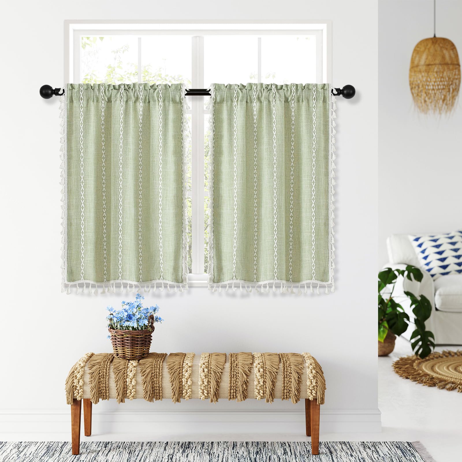 MitoVilla Boho Kitchen Curtains 36 Inch Length, 2 Panels Modern Farmhouse Short Cafe Curtains, French Country Small Tier Cotton Linen Curtain for RV/Bathroom/Basement/Laundry Room, Sage Green — image 1