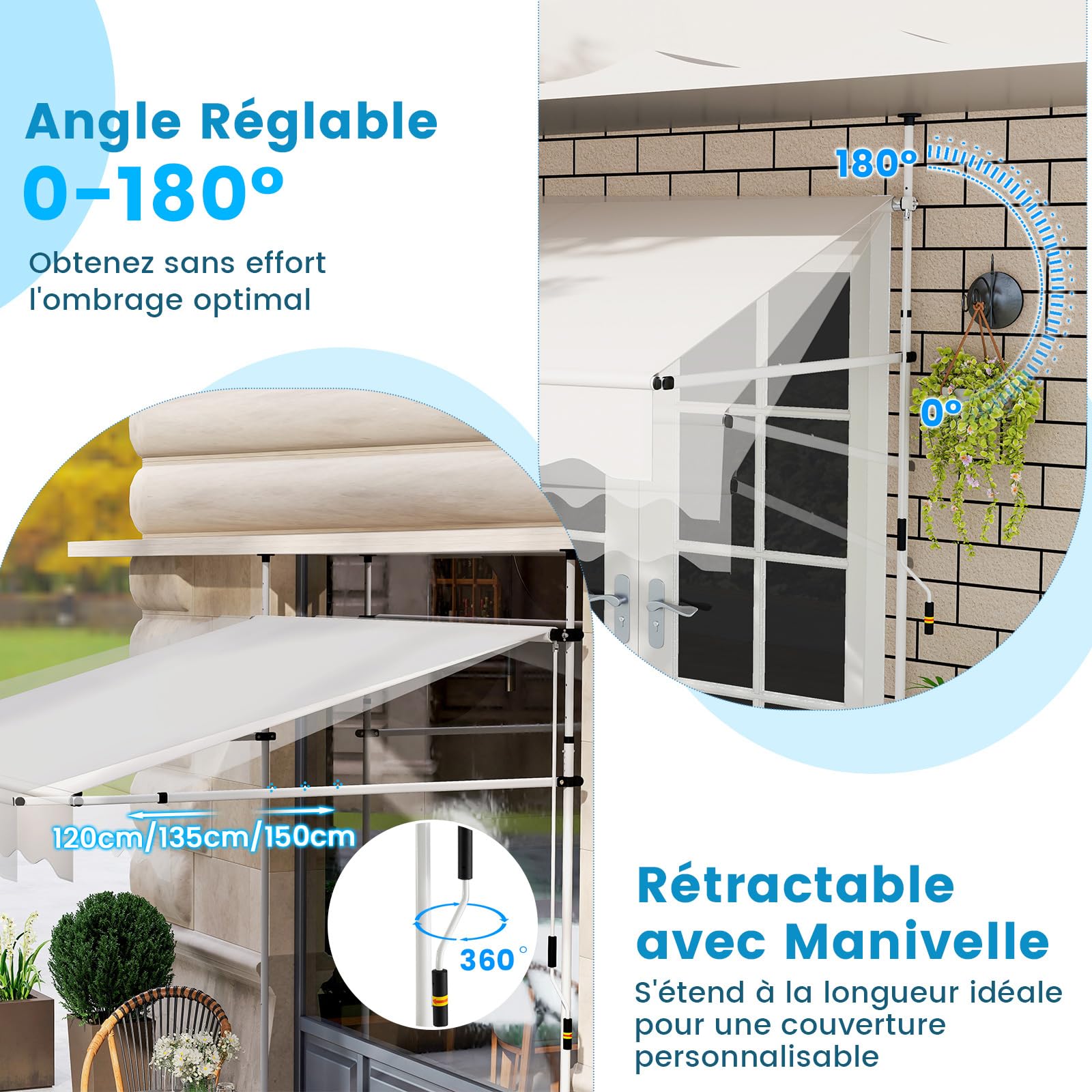 RELAX4LIFE Store Banne Manuel Rétractable avec Manivelle | Auvent Rétractable Résistant aux UV, Imperméable | Hauteur&Angle Réglable | Store Banne sans Percage pour Balcon, Terrasse (2x2,3 M,Blanc)