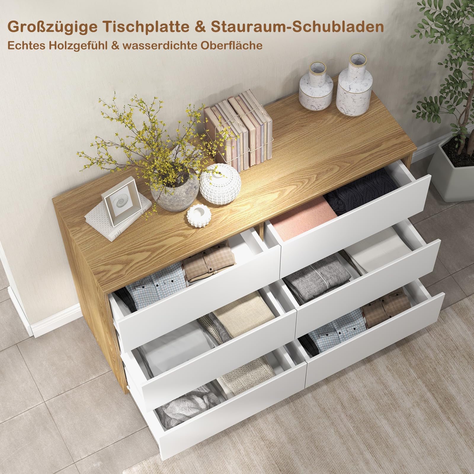 GRAVFORCE Kommode mit 6 Schubladen Sideboard mit Großer Kapazität, Holz Schubladenschrank für Schlafzimmer Wohnzimmer Flur Büro Organizer (100Bx30Tx70H)