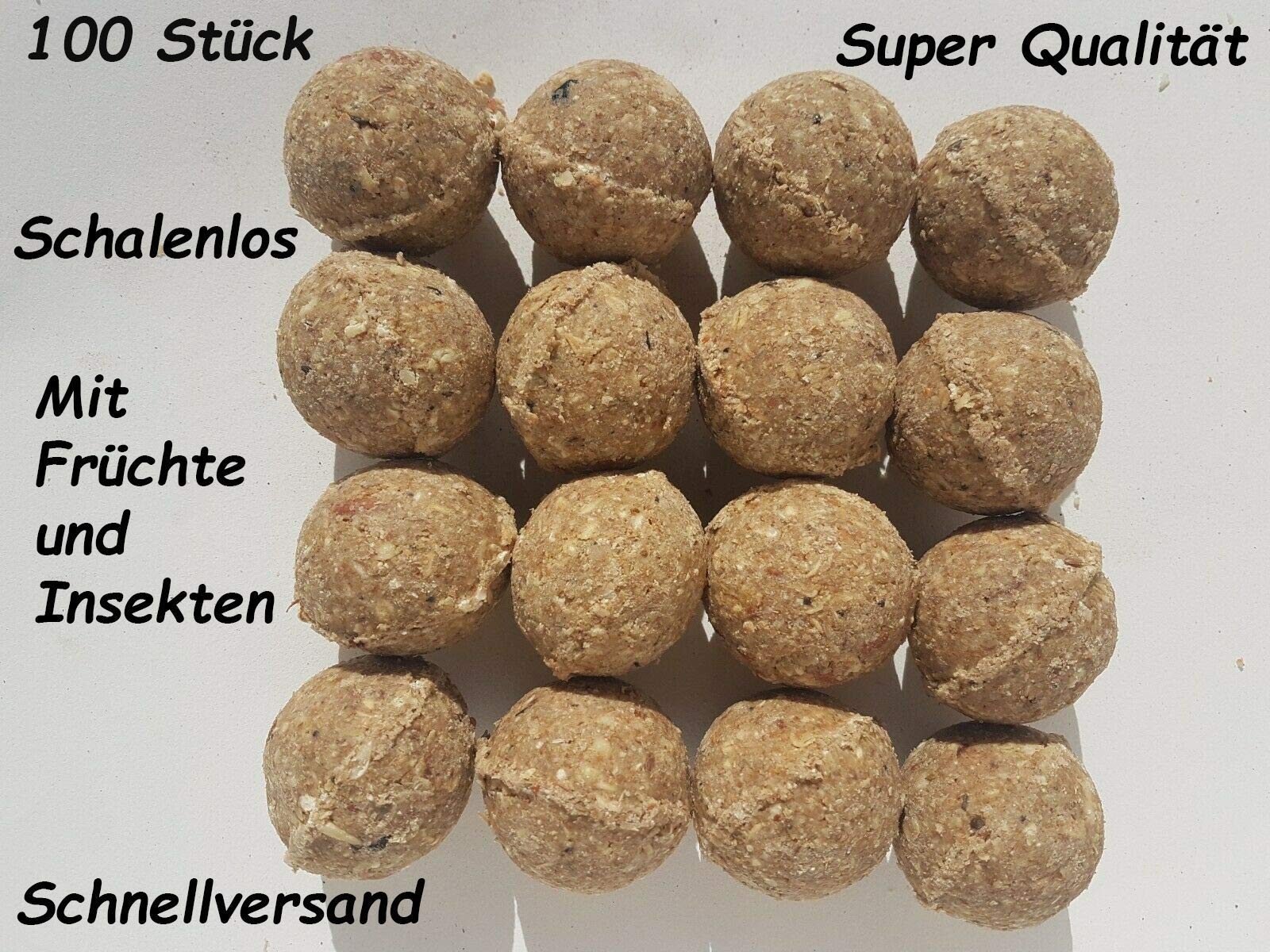 100 Stück | Ganzjahresknödel Made in Germany | Schalenlos | mit Früchte und Insekten | ohne Netz | Qualitativ | Futterknödel | Knödel | im Karton | Vogelfutter | Futterknödel für vögel