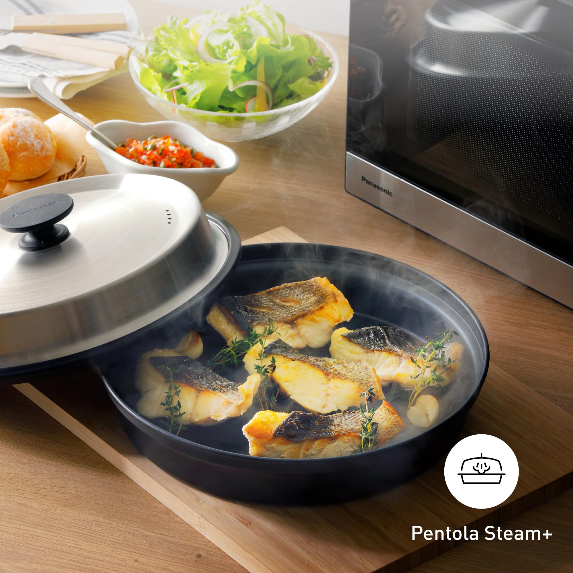 Panasonic NN-GD38QSEPG Forno a Microonde Grill 29L con Teglia Steam+, 1000W, Scongelamento Automatico, Cottura Combinata, Timer, Nero e Acciaio Inox