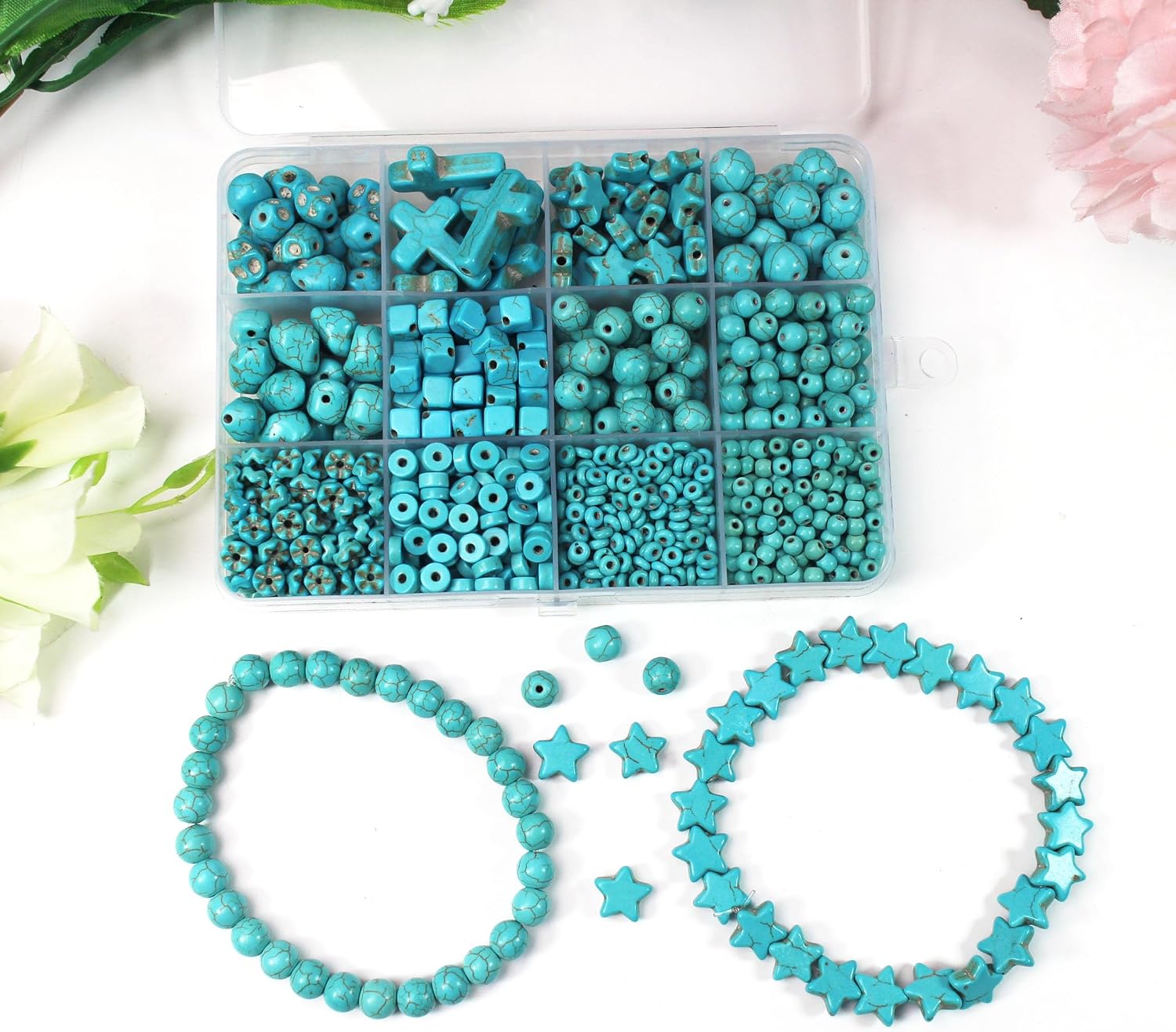 Turquoise Beads Sets for Jewerly Making 1183pcs Natural Turquoise Howlite Stone Cross-Skull Head-Heishi Space Rocks Assorted Beads Accessories for DIY Crafts-Necklace-Charms-Bracelet