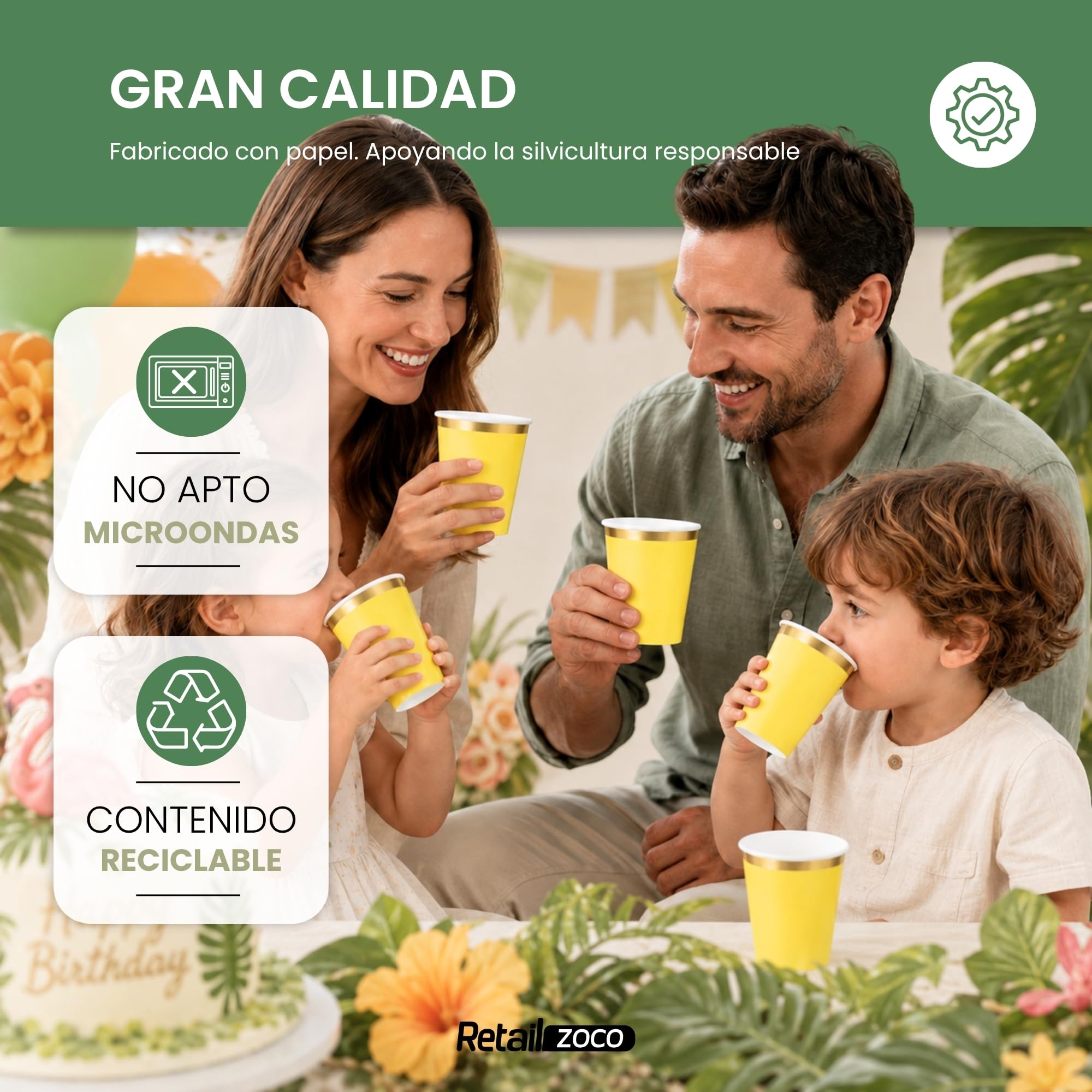 Vasos de cumpleaños, Vasos Desechables cartón, Diseño Amarillo, 12 Unidades - imagen 5