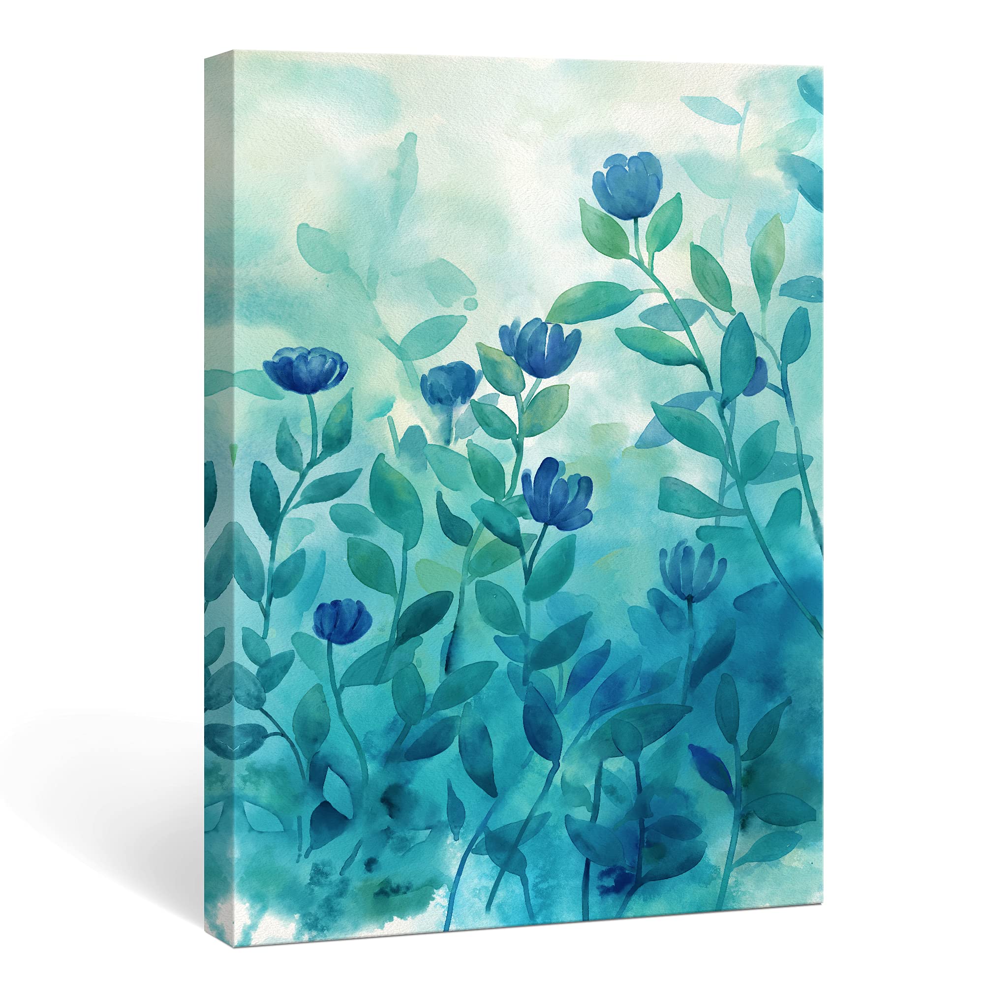 SUMGAR Botanical Wall Art Green Plants Decor Teal Leaf Pictures Blue Flower Artwork Turquoise Watercolor Canvas Prints Aesthetic Framed Painting for Kitchen Living Room Bedroom Bathroom - 16" x 24"