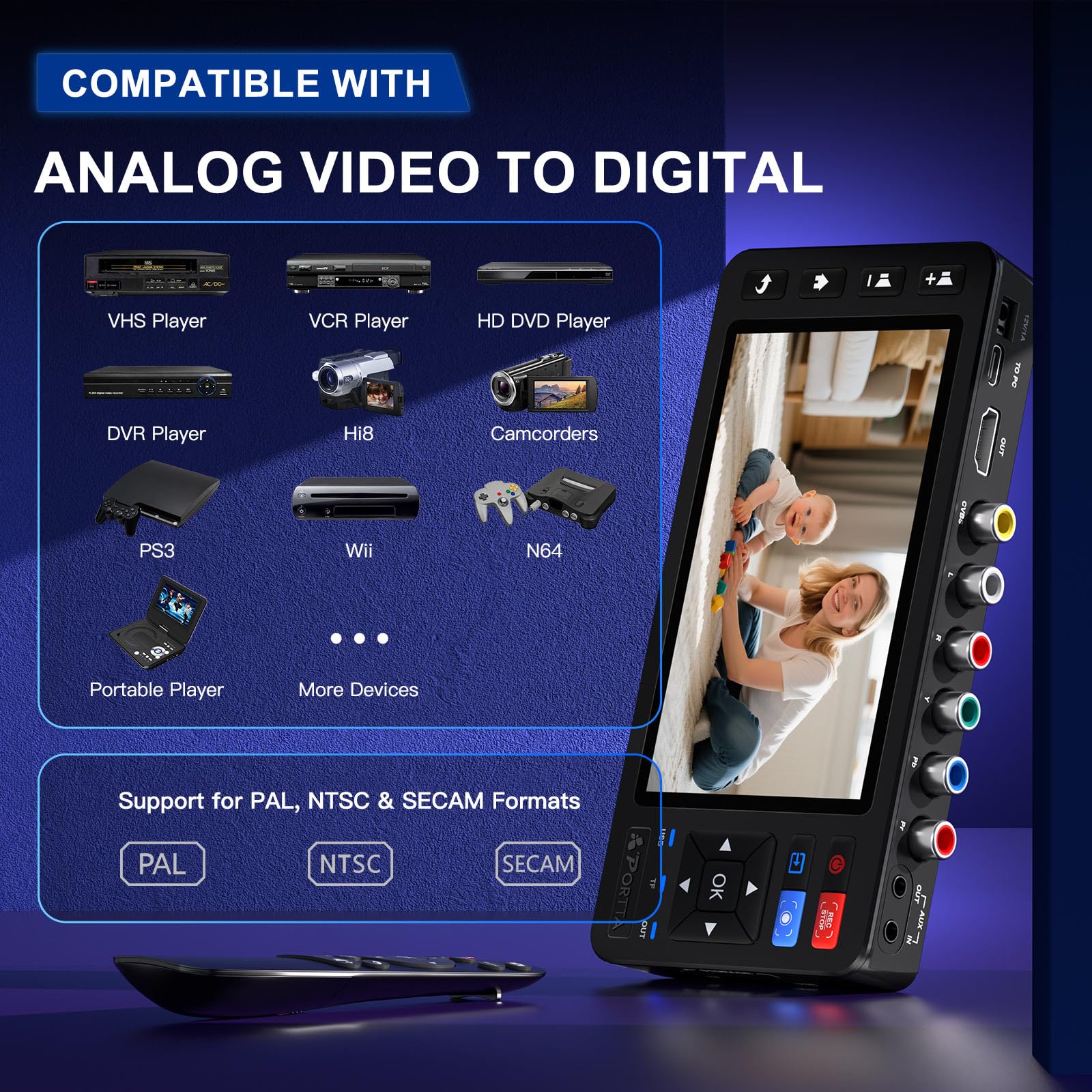 PORTTA Convertitore VHS a digitale con schermo HD da 5", registratore di acquisizione video, converte in MP4 compatibile con VHS, VCR, DVR, DVD, Hi8, videocamere (nastri/lettore DVD non inclusi)
