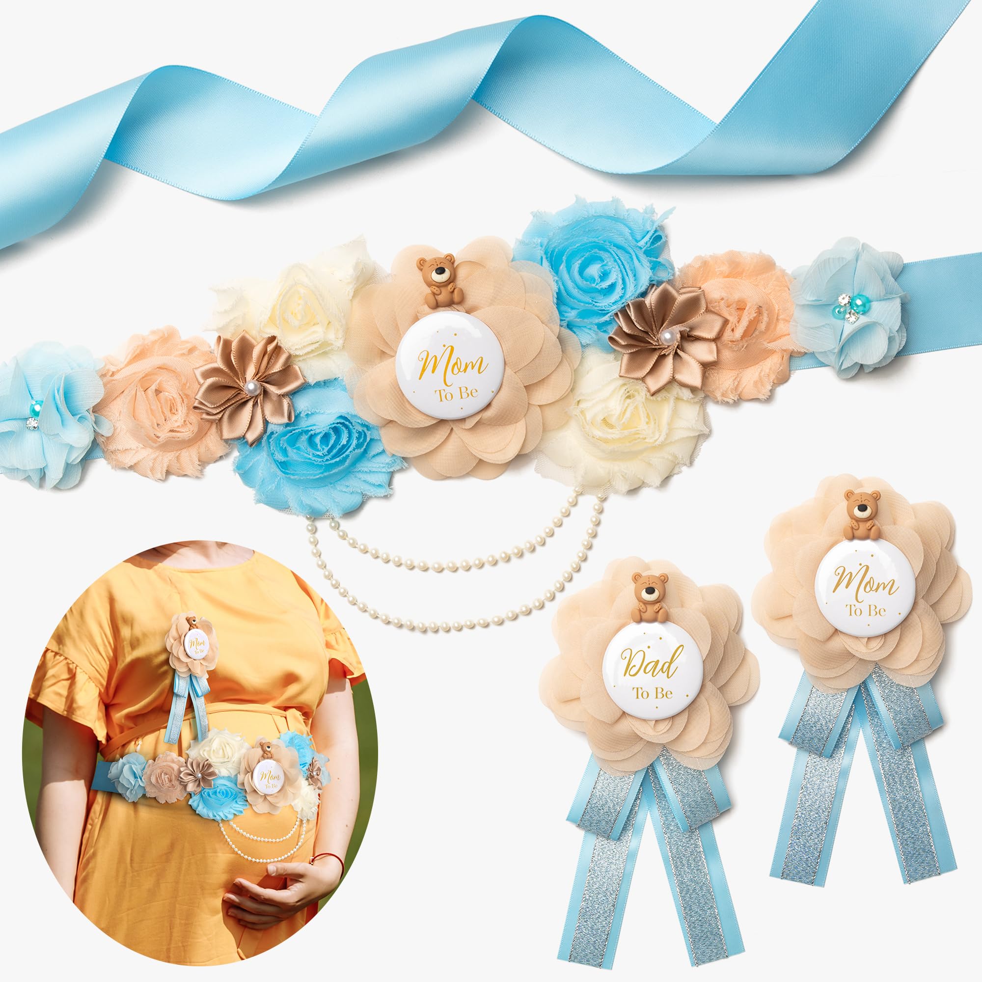 BumpPetal Flower Sash Set - Baby Shower Mom to Be Daddy to Be Corsage Pin - Flower Belt for Maternity Dress - Pregnancy Photo Props Supplies (Blue