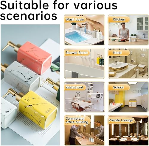 Miniatura 4 de Dispensador de jabón dorado para encimera de baño, botella dispensadora de jabón cuadrado blanco con rayas doradas para fregadero de cocina, loción