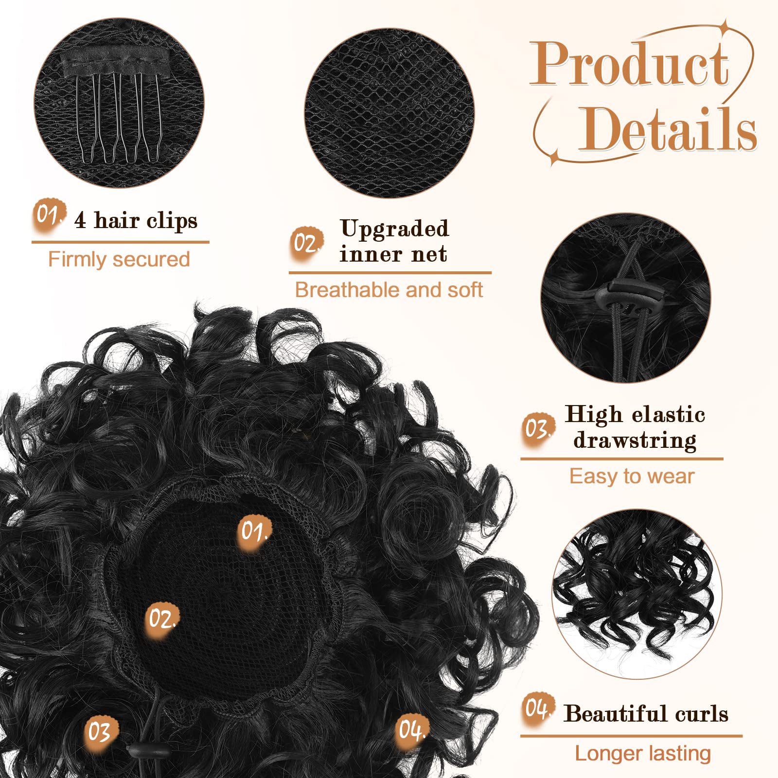 RUWISS Chignon Finto per Capelli Afro, Nero Naturale Chignon Riccio con Elastico Posticcio per Capelli Chignon per Donne, 85g