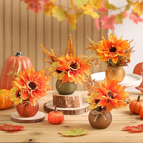 4 piezas de decoración de bandeja escalonada de otoño de Acción de Gracias, mini tazas de calabaza con girasol artificial, juego de decoración de