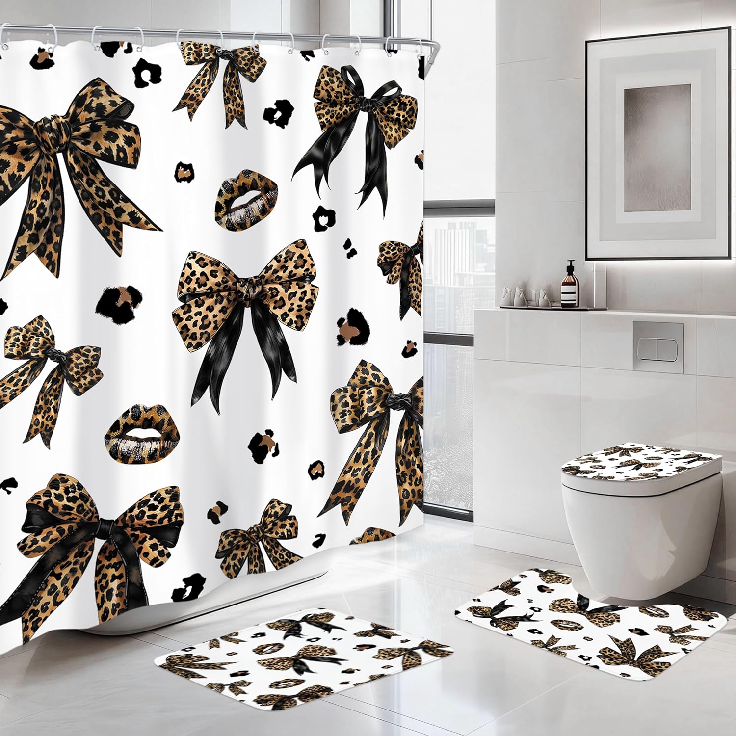 Newsely 4Pcs Leopard Print Bow Shower Curtain Set with Non-Slip Rugs, Toilet Lid Cover and Bath Mat,Red Cherry Brown Cheetah Lips Shower Curtain,Modern Bath Curtain for Bathroom Decor with 12 Hooks