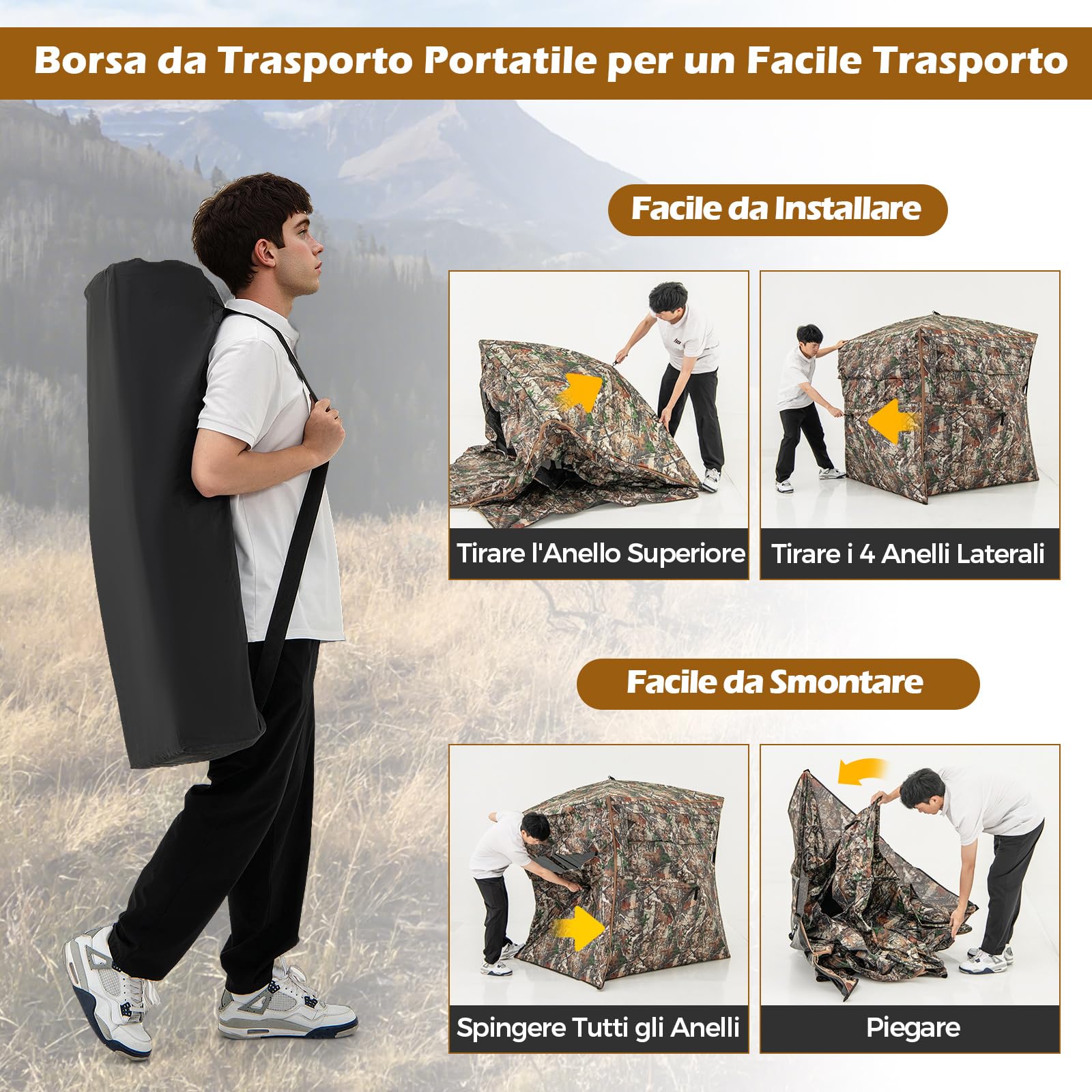 COSTWAY Tenda da Caccia per 2-3 Persone, Tenda Mimetica a Visione a 360° per Caccia, Tenda Pop-Up Camouflage con Borsa da Trasporto, Apribile Completamente da 1 Lato, 148 x 148 x 170 cm